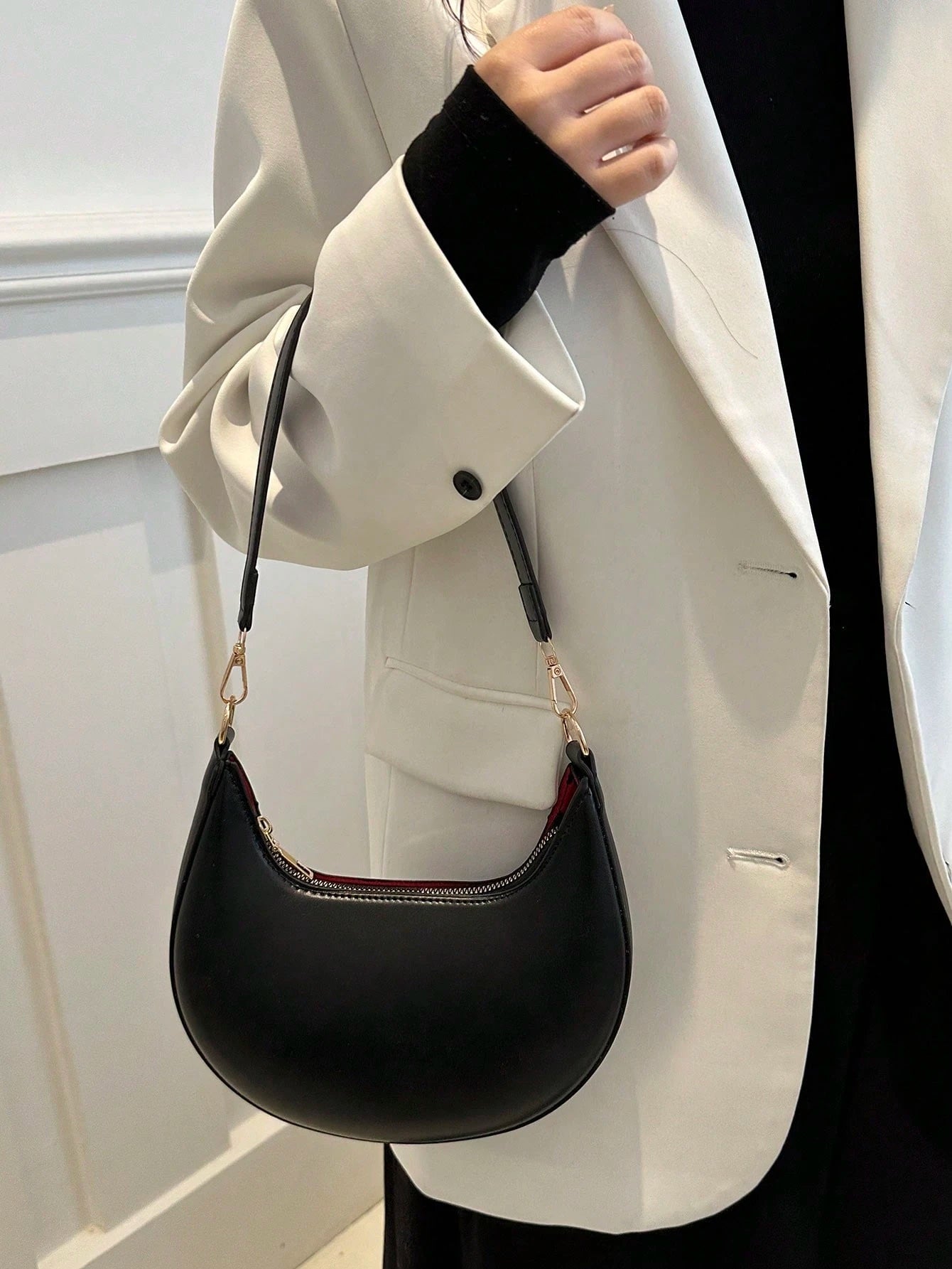 1 Peça Bolsa de Ombro em Formato de Meia-Lua de Cor Sólida com Fechamento de Zíper em PU para Mulheres, Estilo Minimalista, Uso Diário, Trabalho, Estilo Retrô Inspirado, Adequada para Mulheres