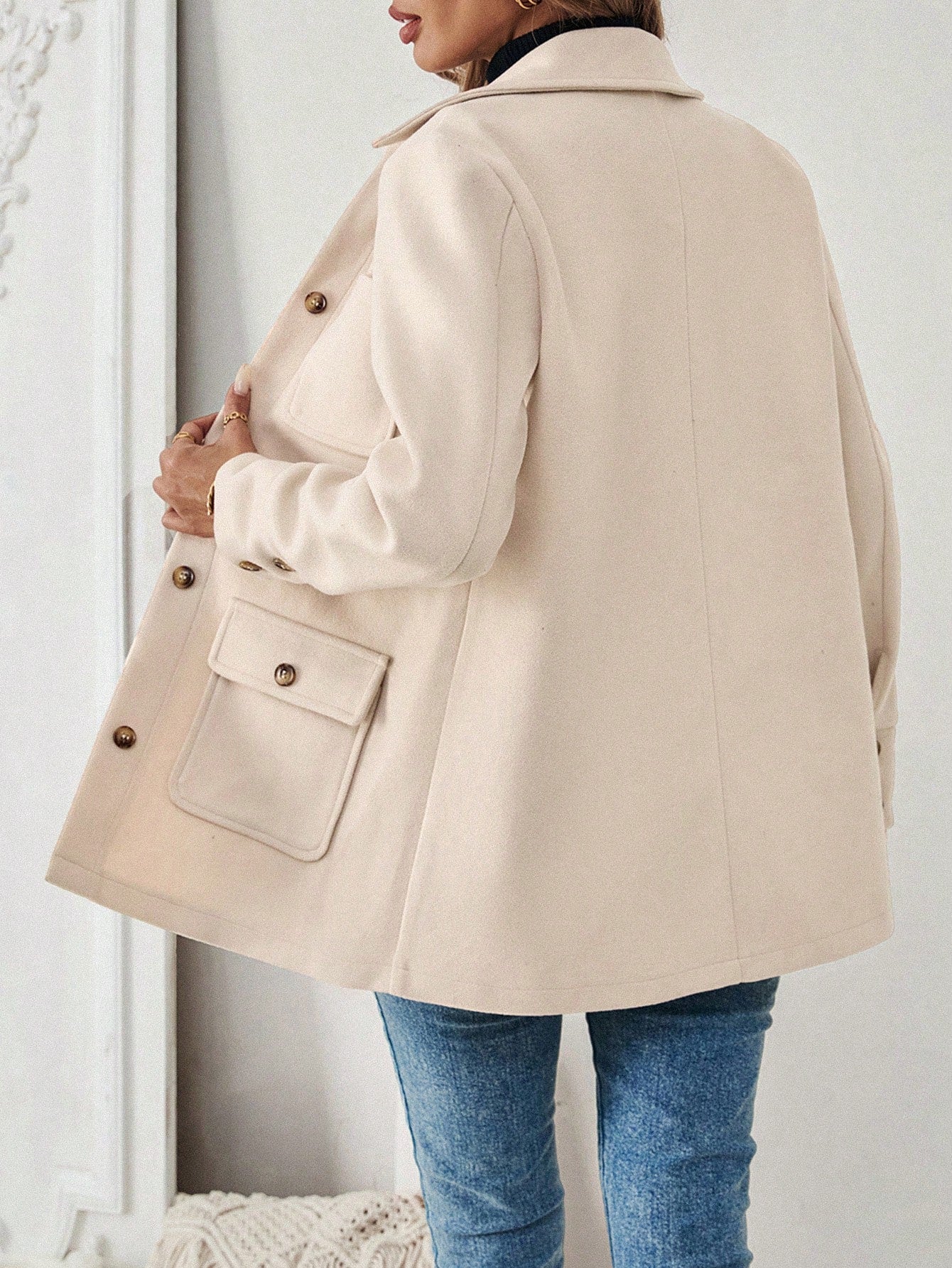 SHEIN LUNE Jaqueta Minimalista de Bolso com Botões na Frente e Manga Longa para Mulheres, Uso Casual do Dia a Dia