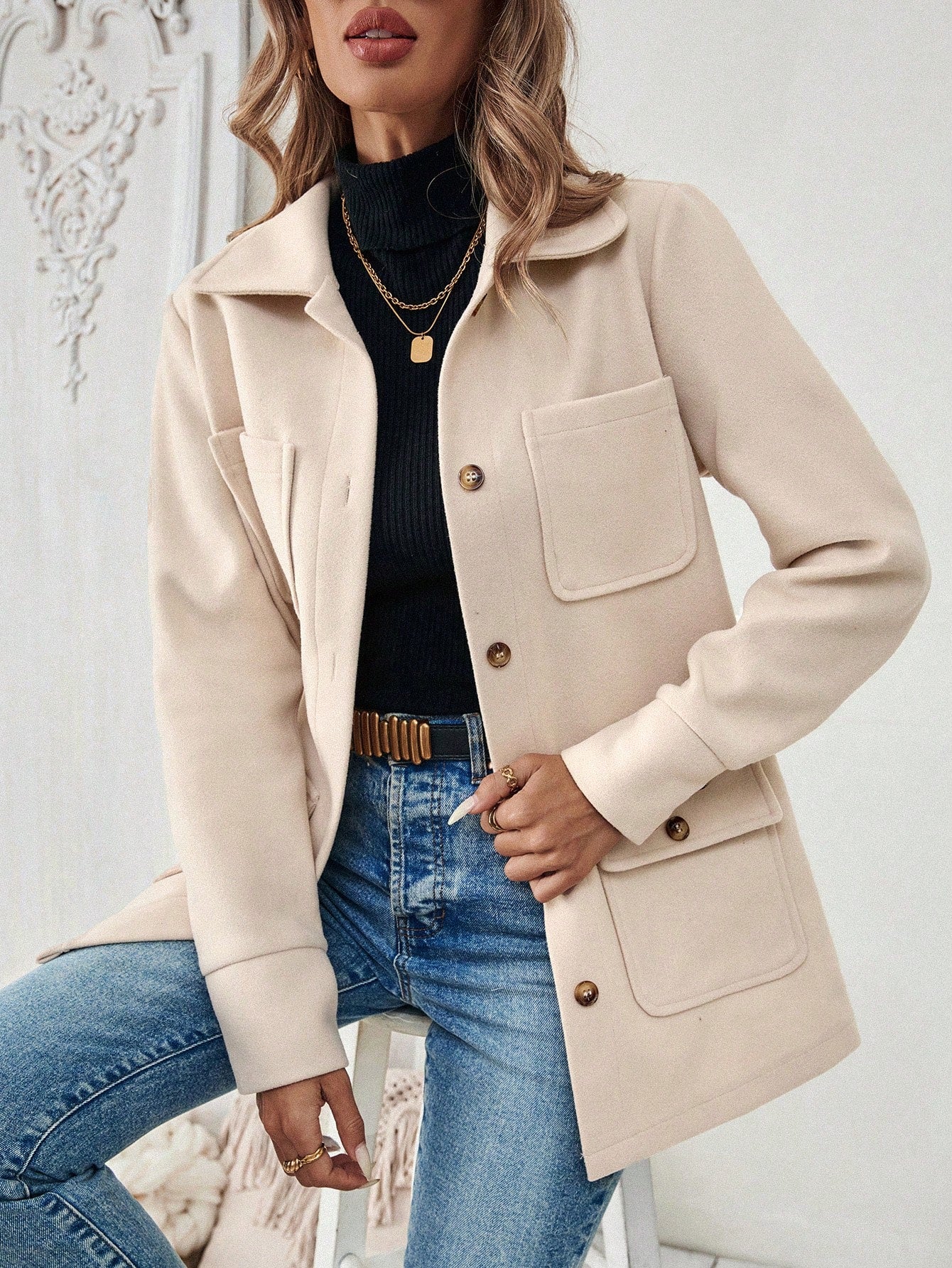 SHEIN LUNE Jaqueta Minimalista de Bolso com Botões na Frente e Manga Longa para Mulheres, Uso Casual do Dia a Dia