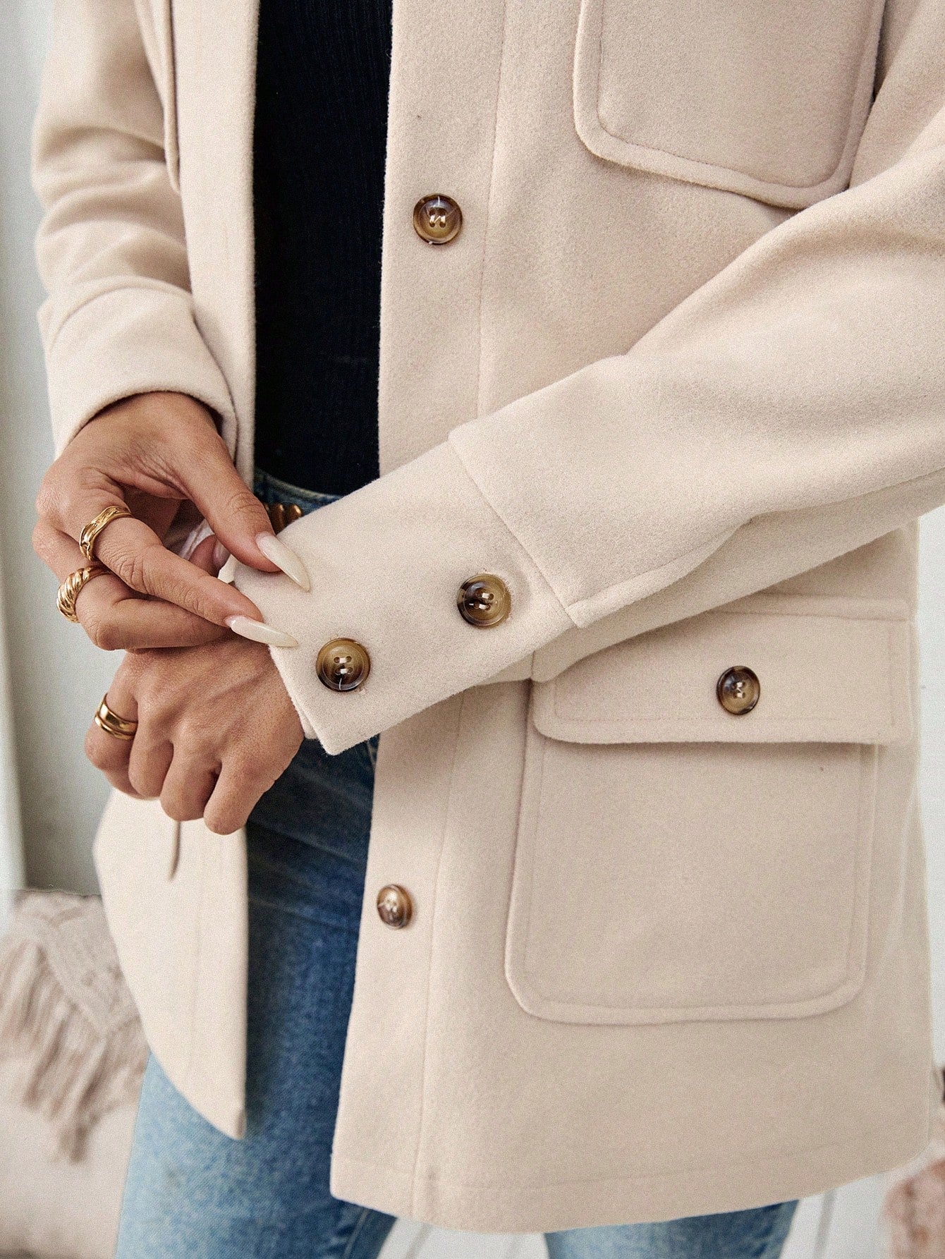 SHEIN LUNE Jaqueta Minimalista de Bolso com Botões na Frente e Manga Longa para Mulheres, Uso Casual do Dia a Dia