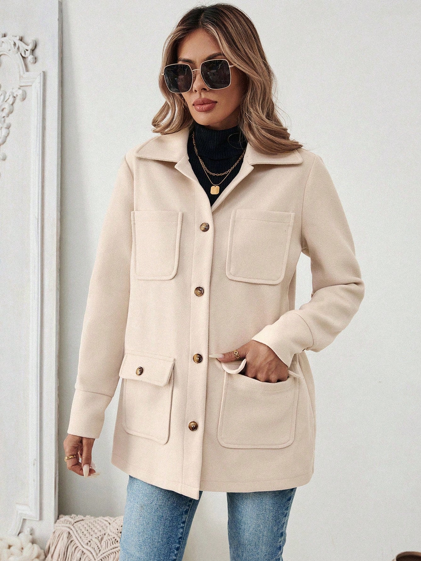 SHEIN LUNE Jaqueta Minimalista de Bolso com Botões na Frente e Manga Longa para Mulheres, Uso Casual do Dia a Dia