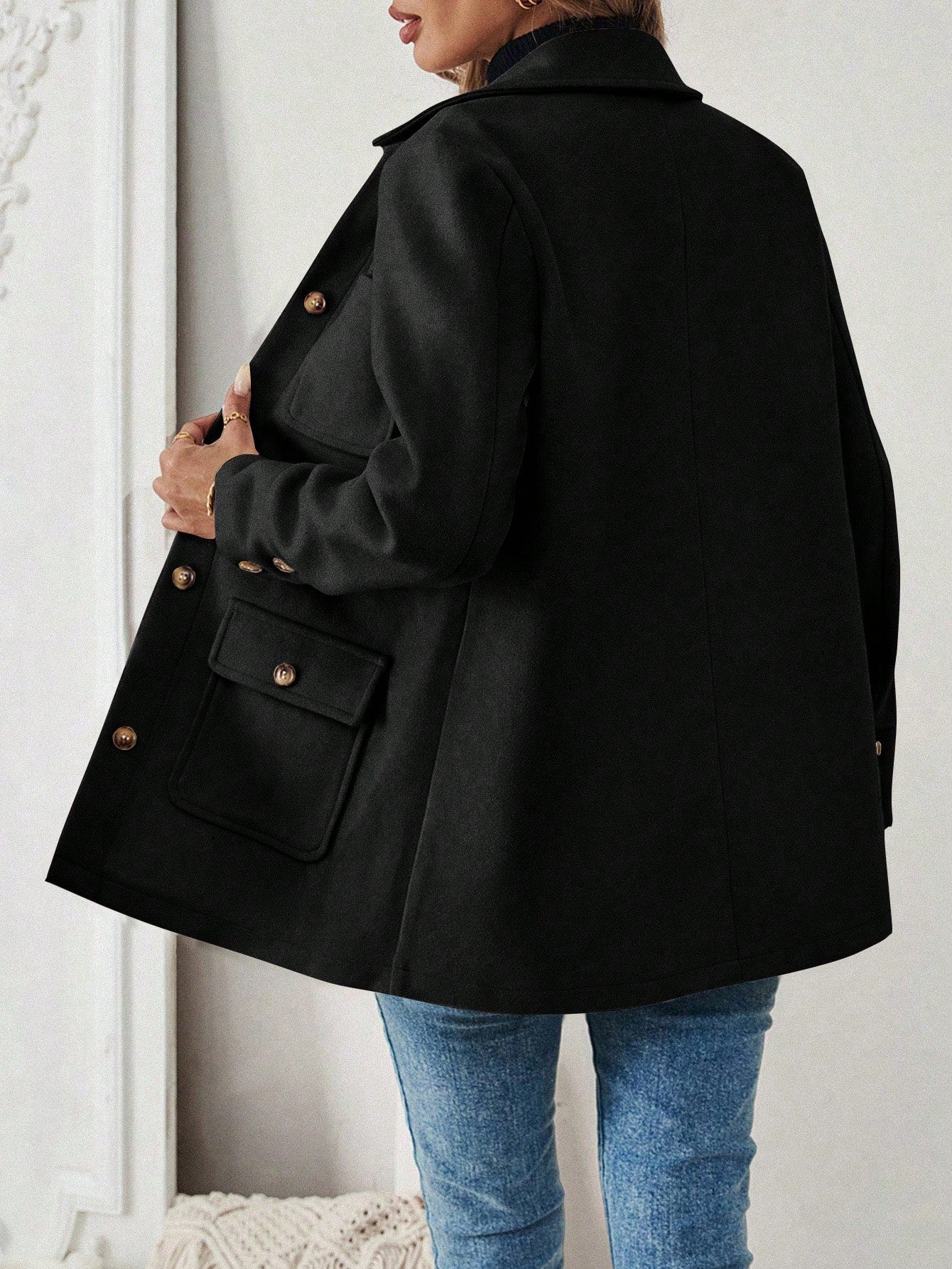 SHEIN LUNE Jaqueta Minimalista de Bolso com Botões na Frente e Manga Longa para Mulheres, Uso Casual do Dia a Dia