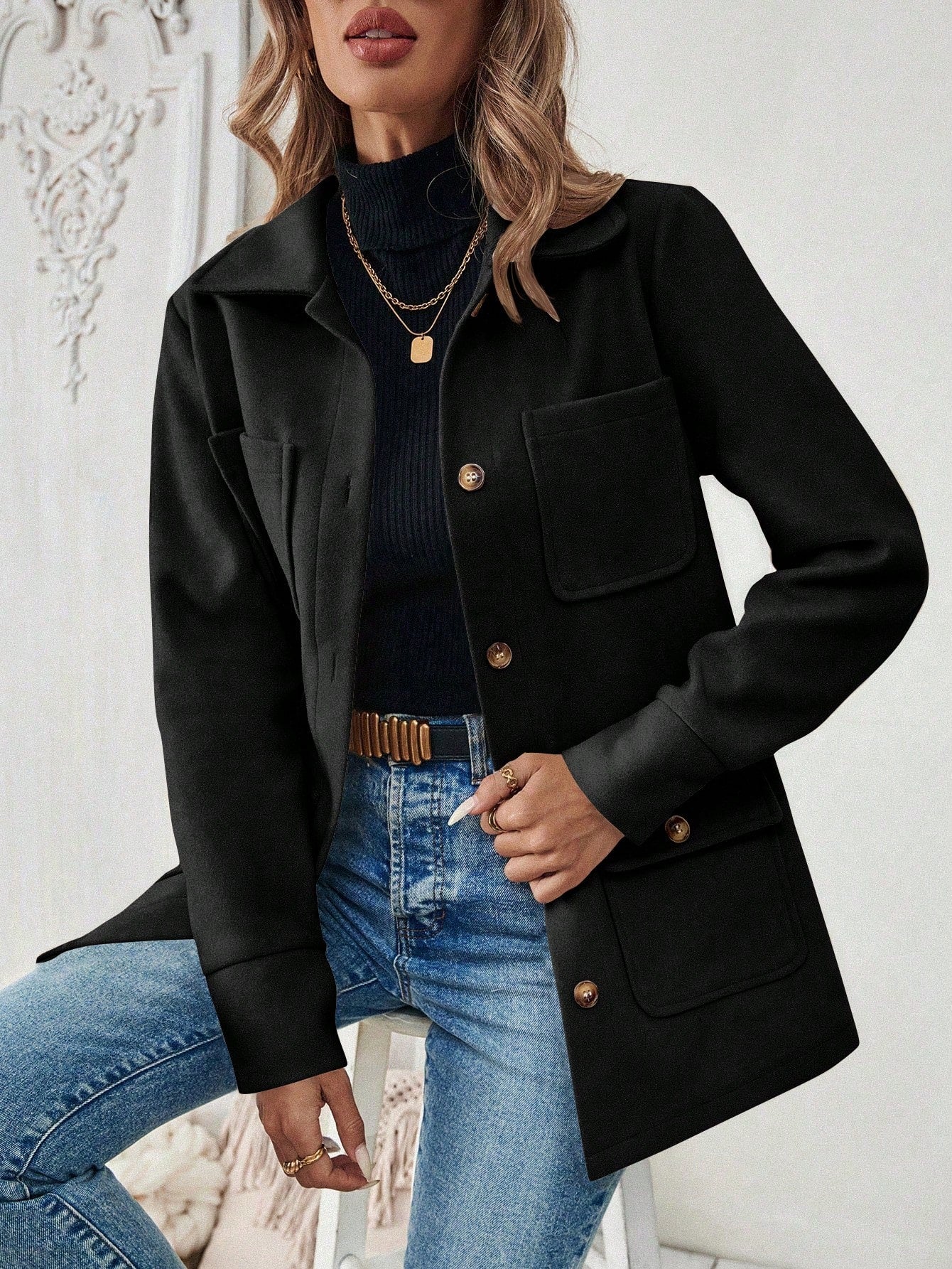 SHEIN LUNE Jaqueta Minimalista de Bolso com Botões na Frente e Manga Longa para Mulheres, Uso Casual do Dia a Dia