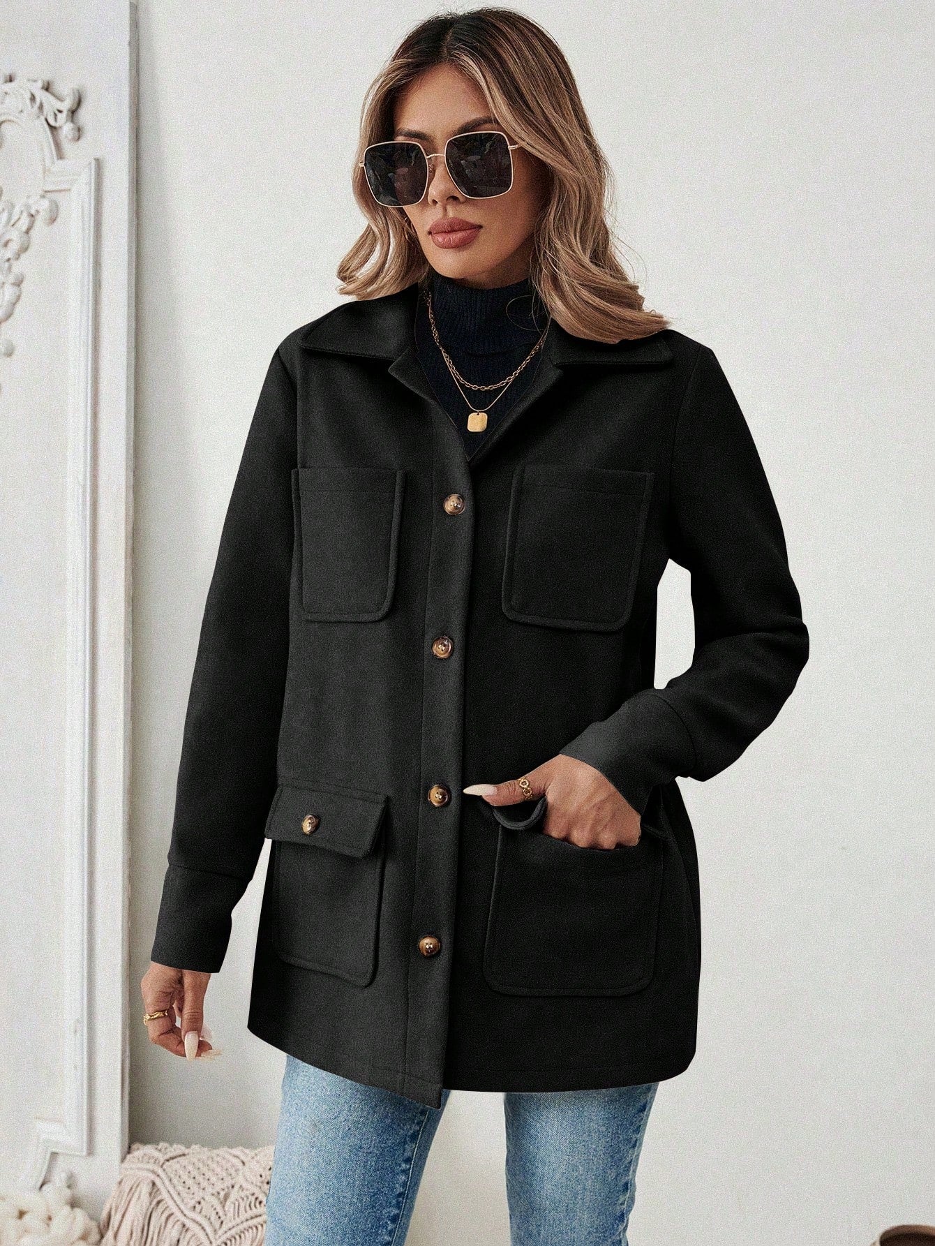 SHEIN LUNE Jaqueta Minimalista de Bolso com Botões na Frente e Manga Longa para Mulheres, Uso Casual do Dia a Dia