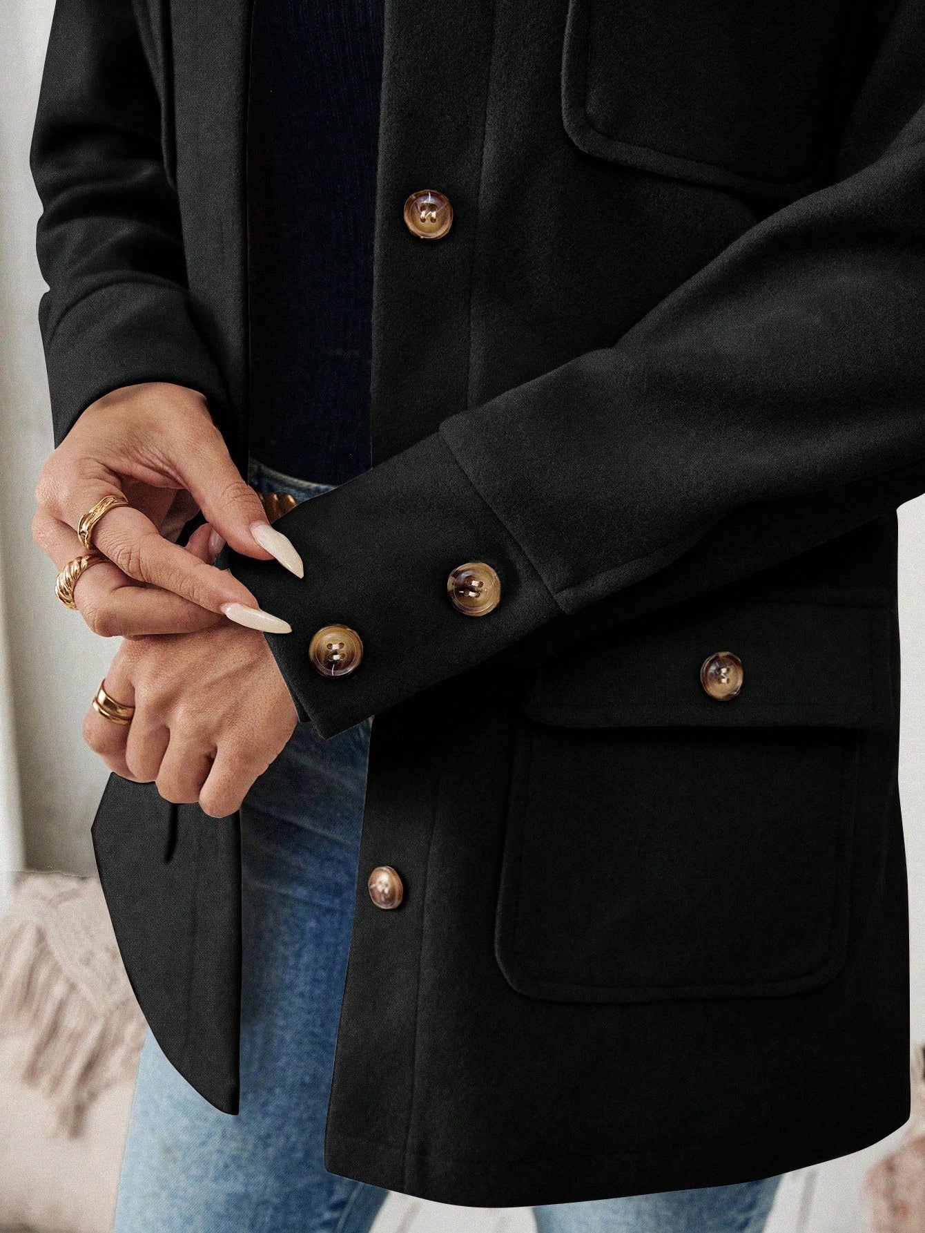 SHEIN LUNE Jaqueta Minimalista de Bolso com Botões na Frente e Manga Longa para Mulheres, Uso Casual do Dia a Dia
