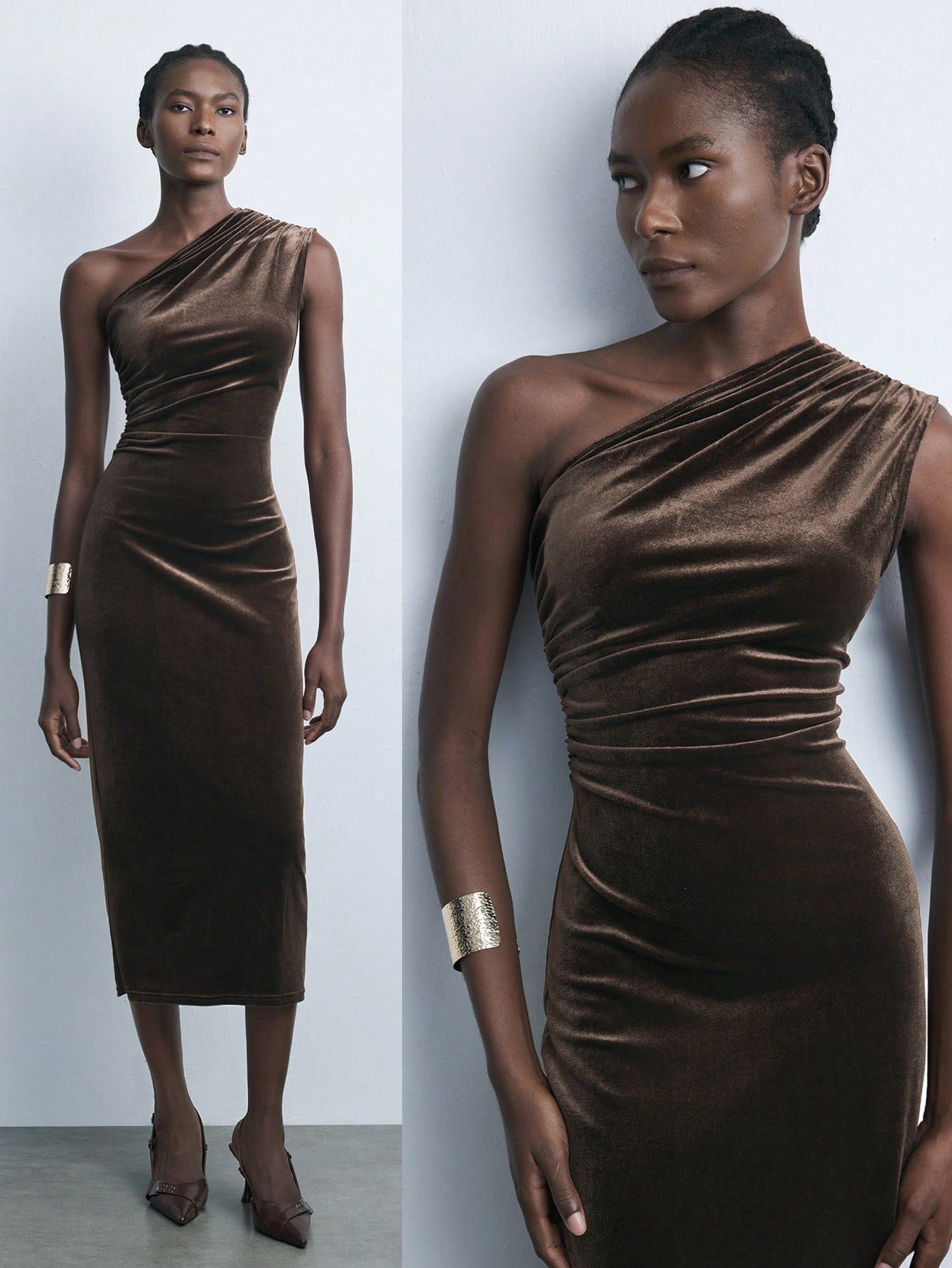 Maija Novo Vestido de Veludo Marrom Mocca