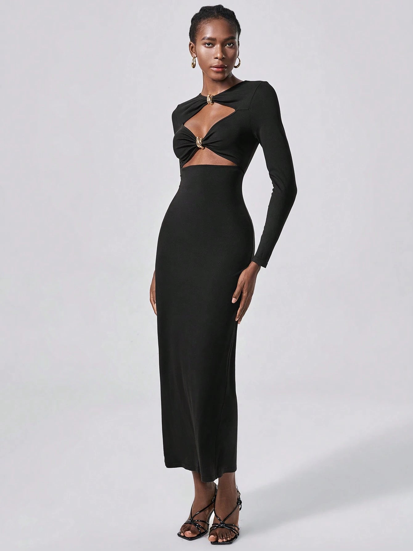 Lumivelle Vestido Longo Elegante de Malha Bodycon com Decoração Metálica para Mulheres, Vestimenta para Festa e Noite, Outono/Inverno
