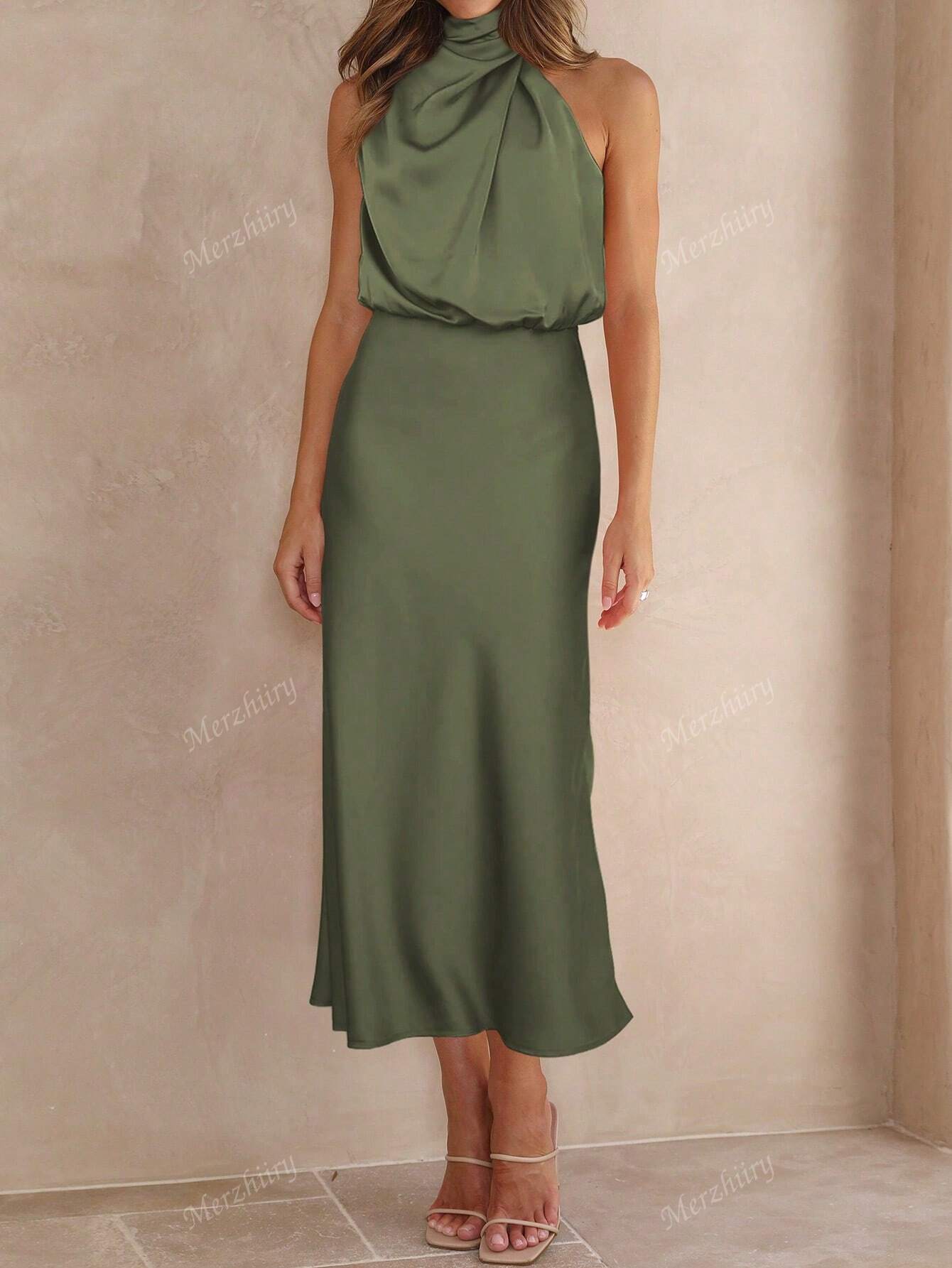 Sólido Gola Assimétrica Cetim Vestido