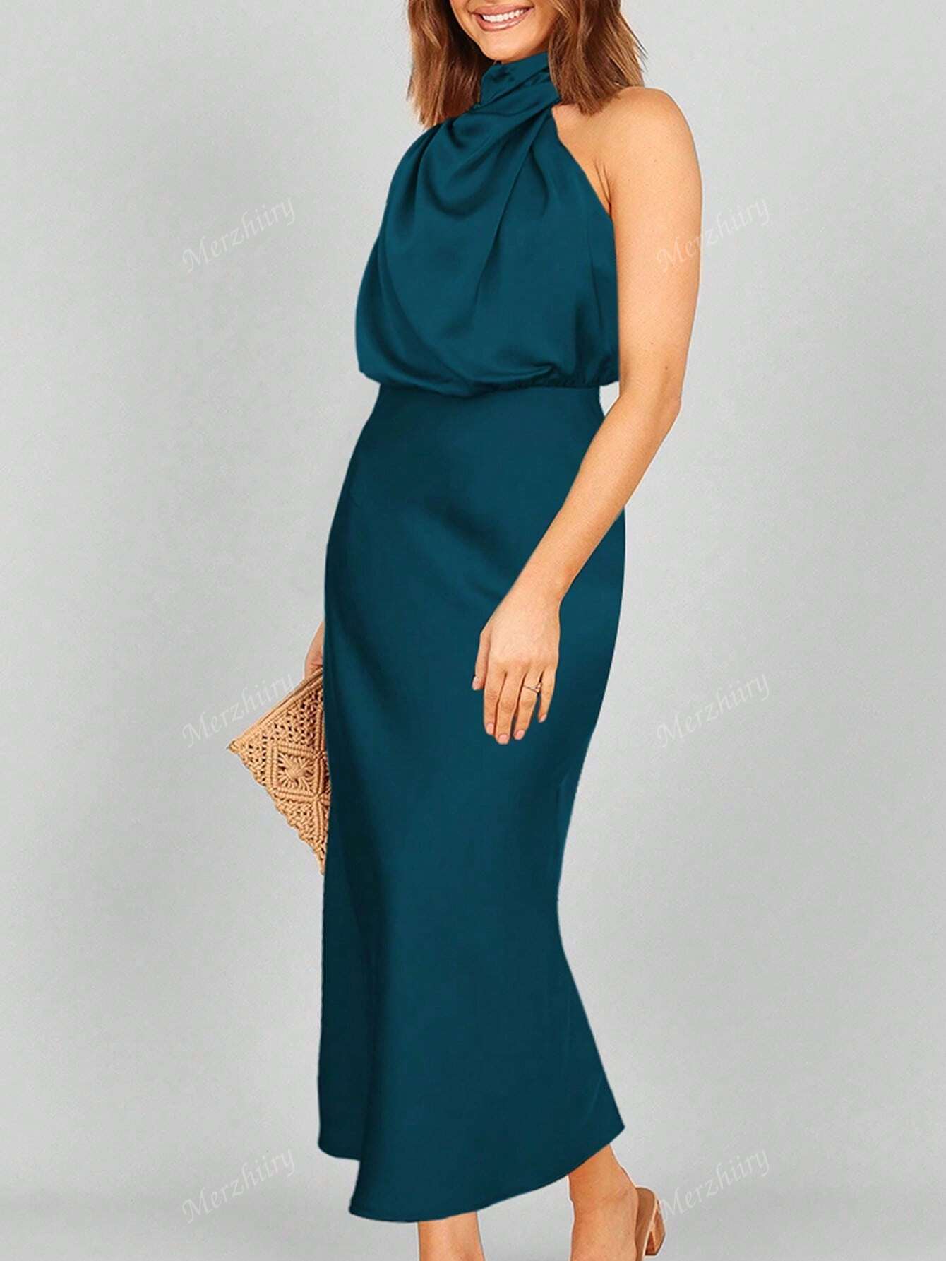 Sólido Gola Assimétrica Cetim Vestido