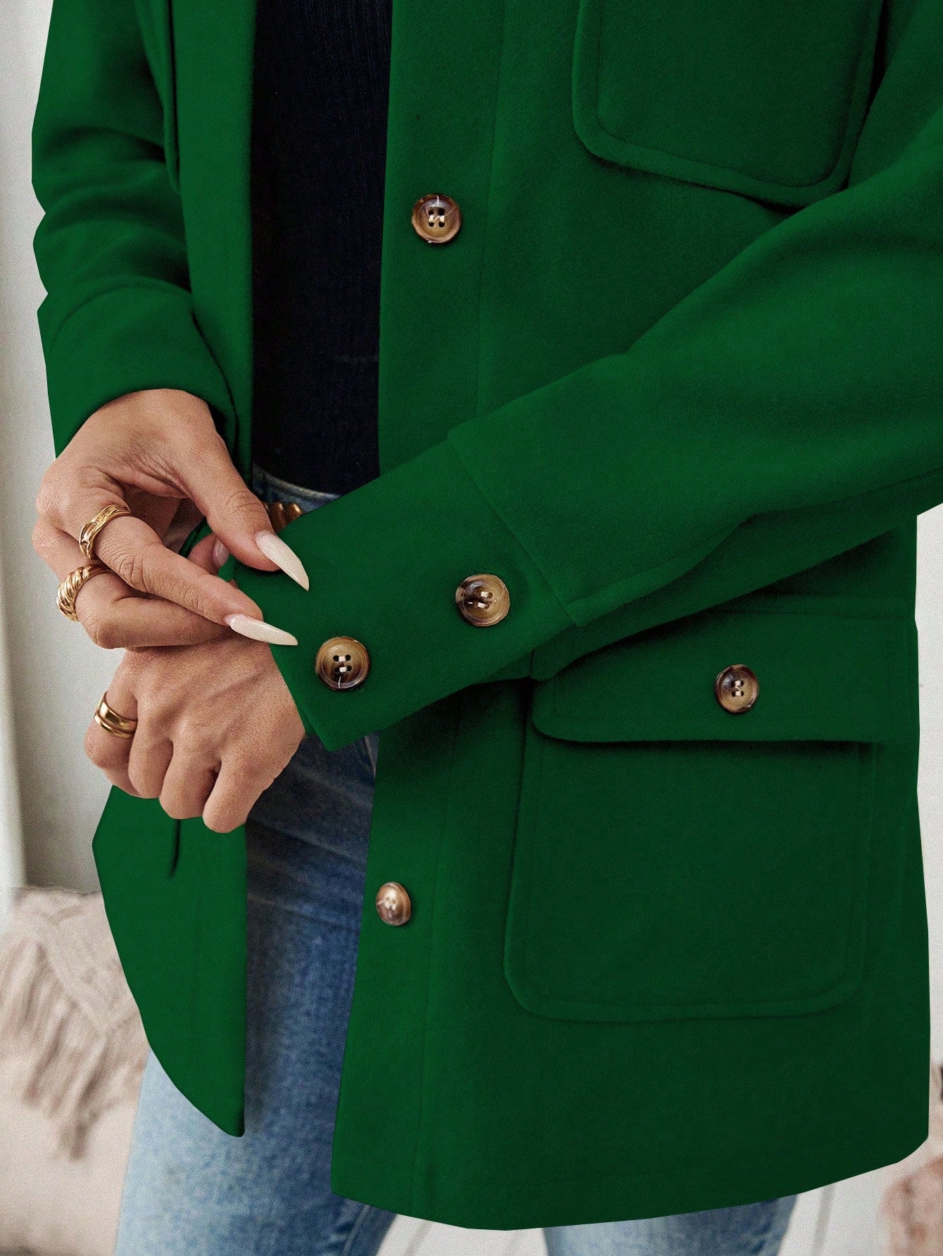 SHEIN LUNE Jaqueta Minimalista de Bolso com Botões na Frente e Manga Longa para Mulheres, Uso Casual do Dia a Dia