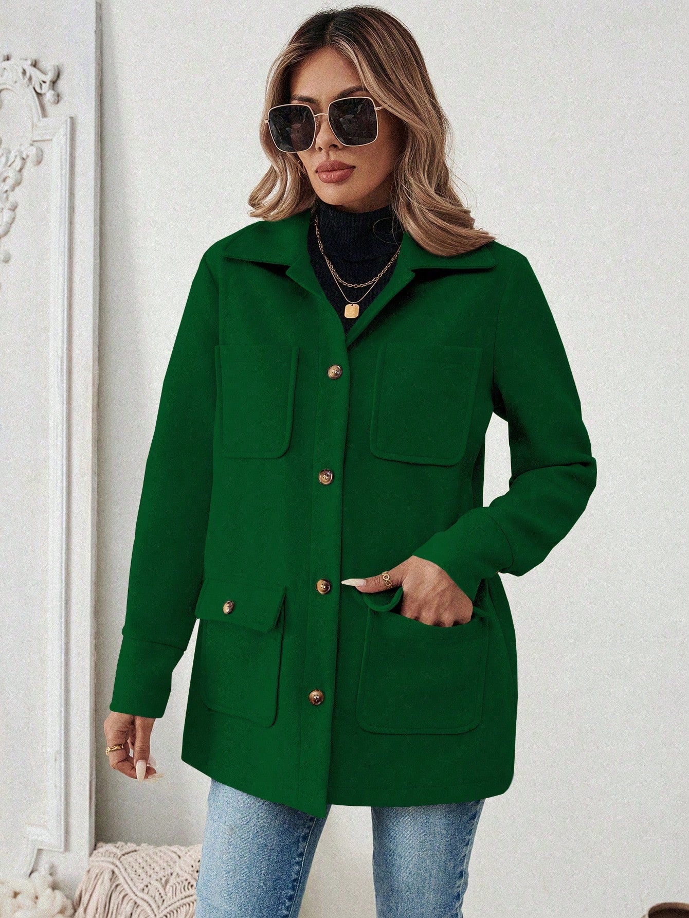 SHEIN LUNE Jaqueta Minimalista de Bolso com Botões na Frente e Manga Longa para Mulheres, Uso Casual do Dia a Dia