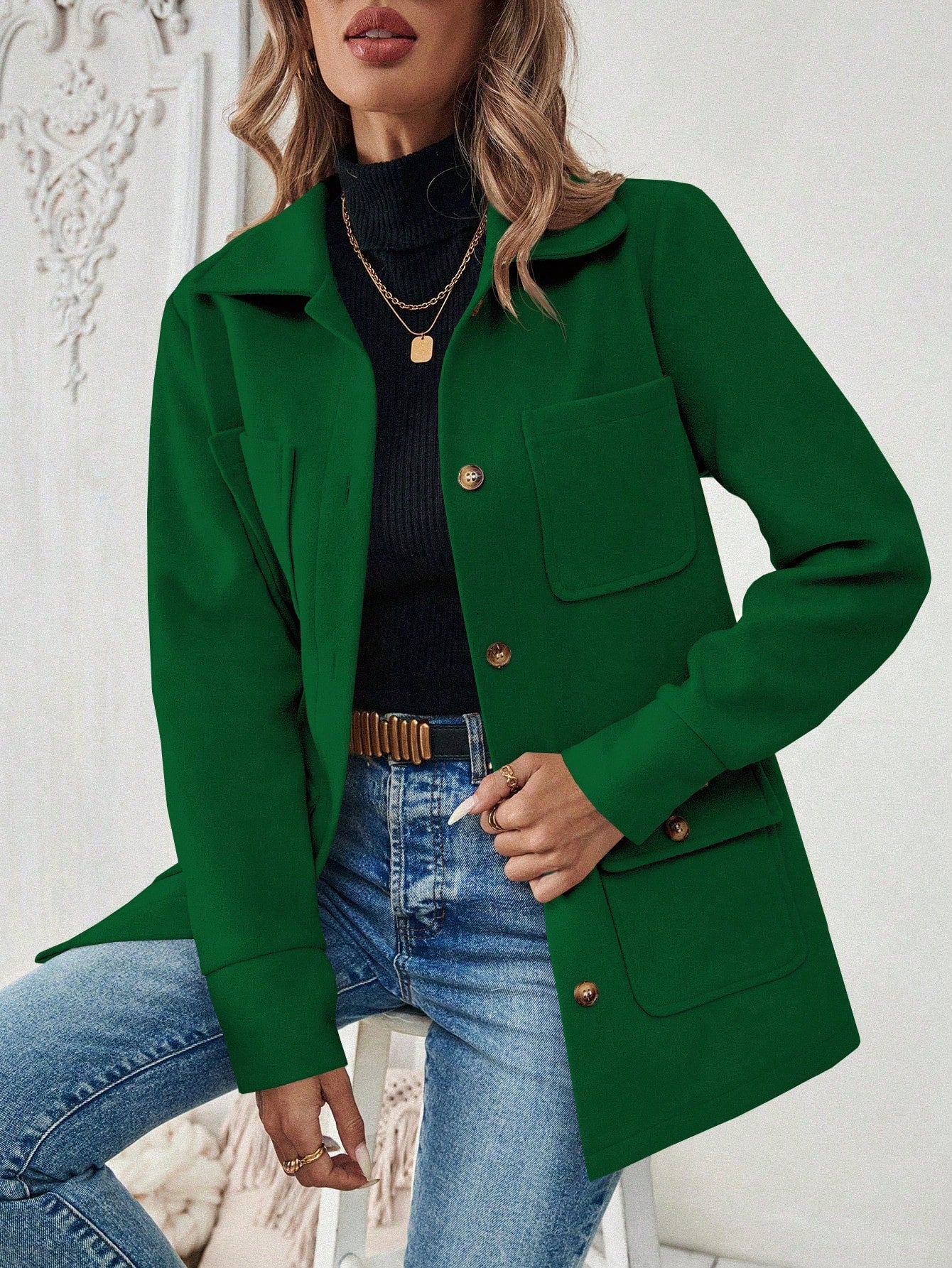 SHEIN LUNE Jaqueta Minimalista de Bolso com Botões na Frente e Manga Longa para Mulheres, Uso Casual do Dia a Dia