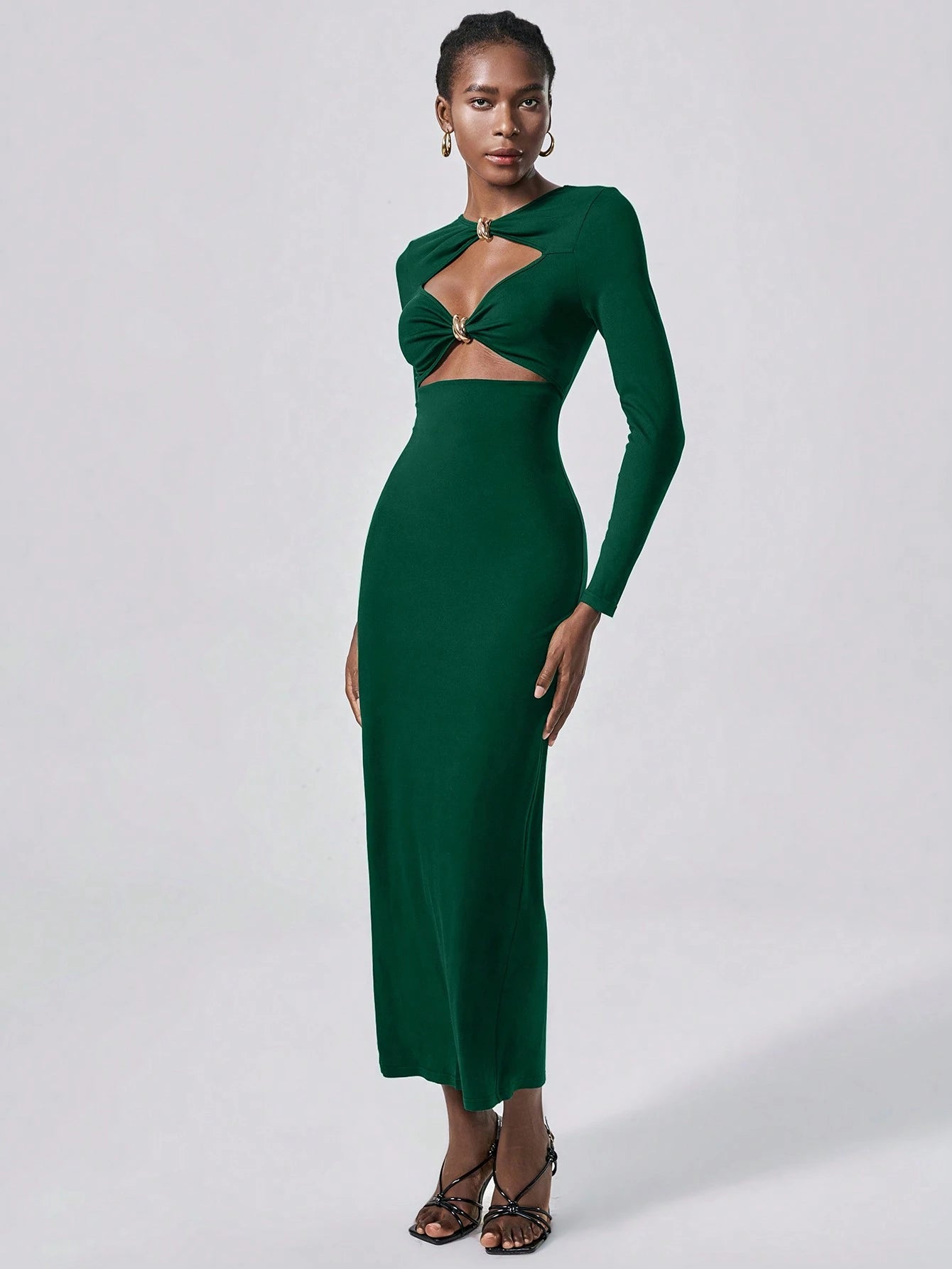 Lumivelle Vestido Longo Elegante de Malha Bodycon com Decoração Metálica para Mulheres, Vestimenta para Festa e Noite, Outono/Inverno
