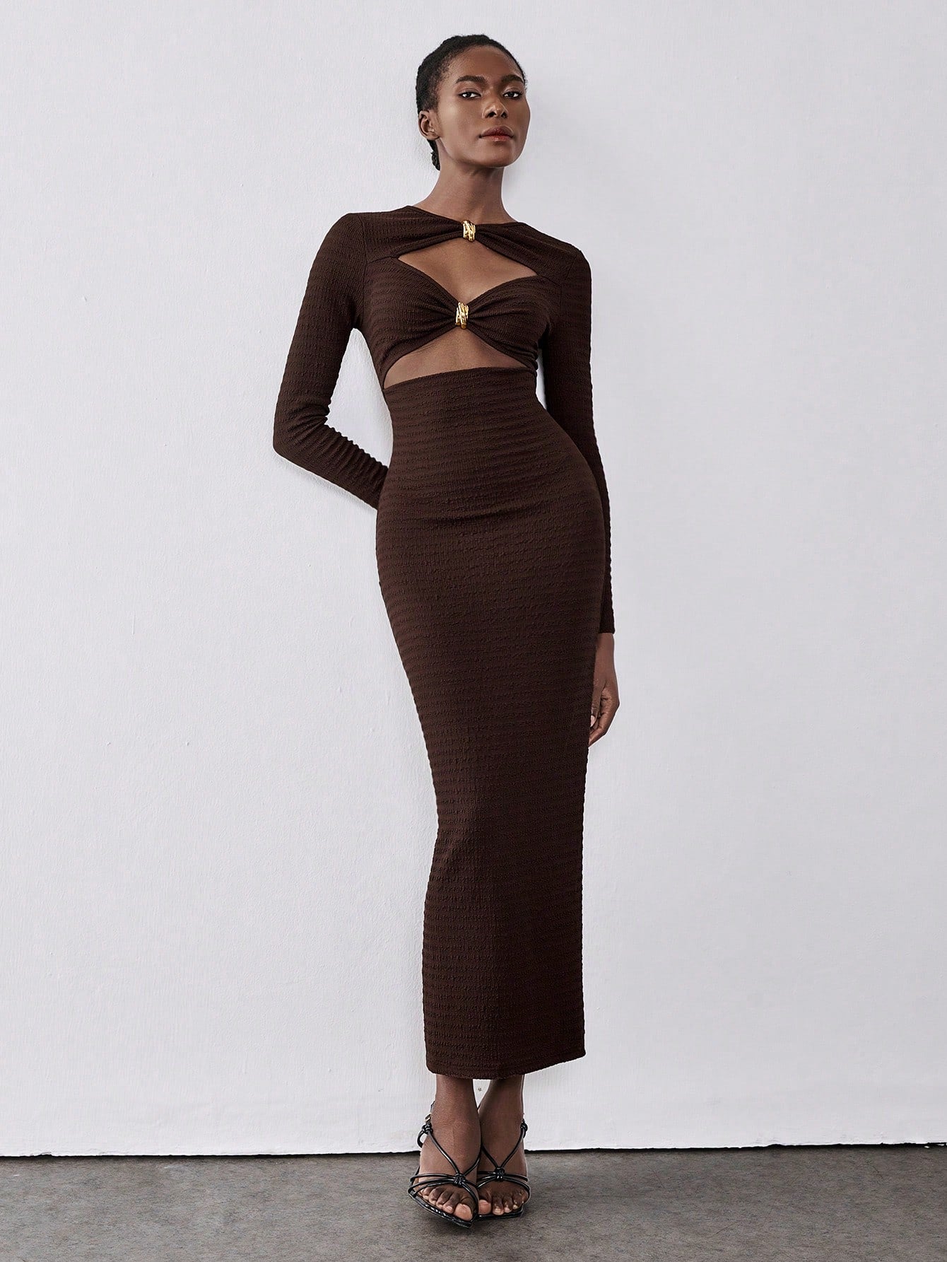Lumivelle Vestido Longo Elegante de Malha Bodycon com Decoração Metálica para Mulheres, Vestimenta para Festa e Noite, Outono/Inverno
