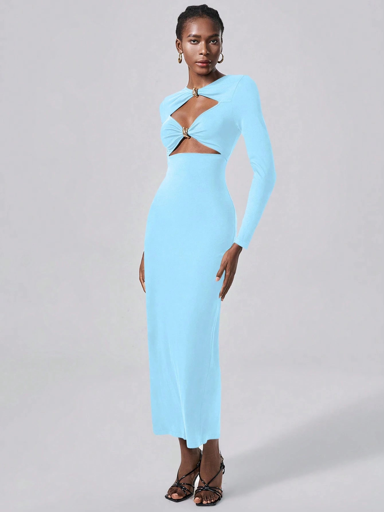 Lumivelle Vestido Longo Elegante de Malha Bodycon com Decoração Metálica para Mulheres, Vestimenta para Festa e Noite, Outono/Inverno