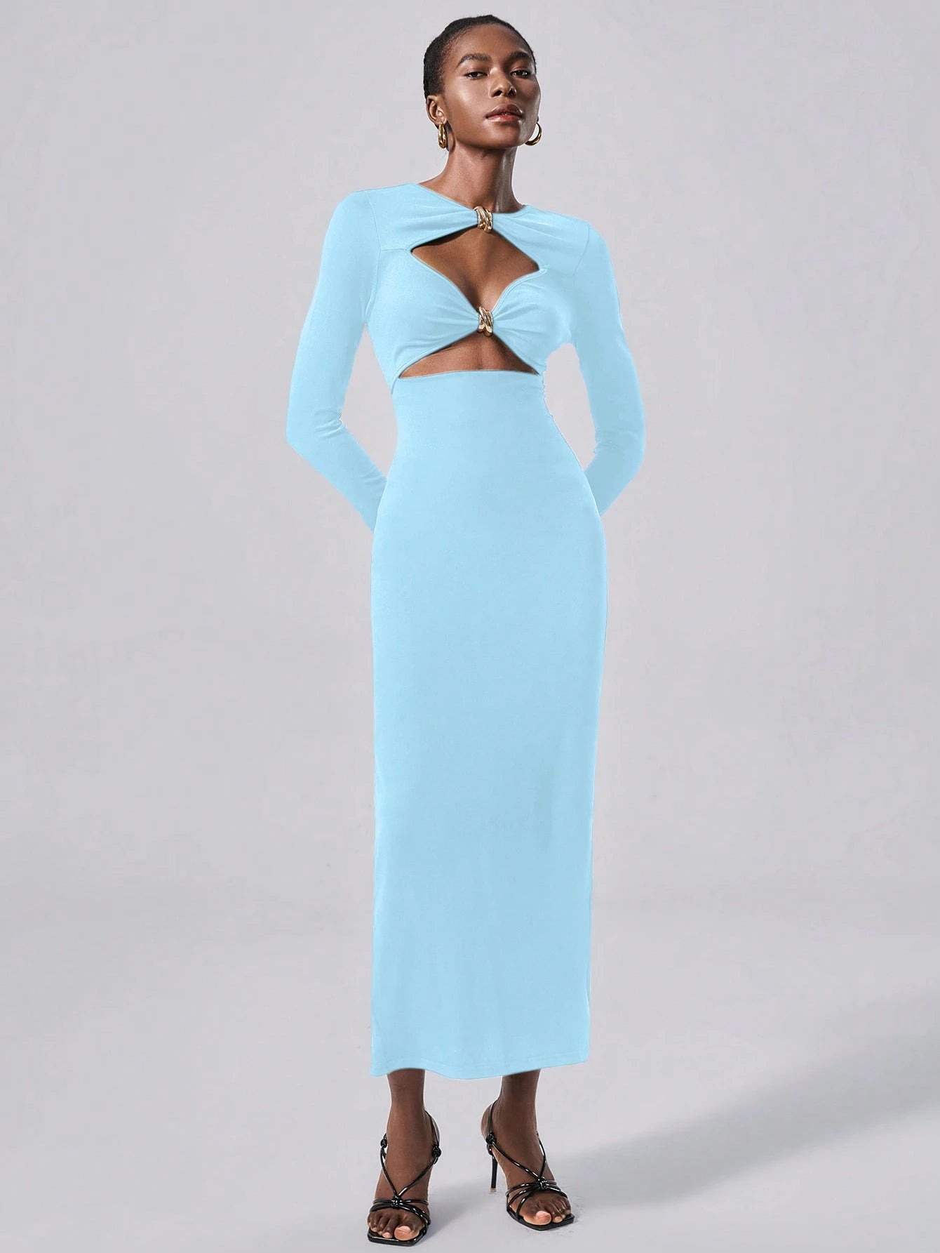 Lumivelle Vestido Longo Elegante de Malha Bodycon com Decoração Metálica para Mulheres, Vestimenta para Festa e Noite, Outono/Inverno