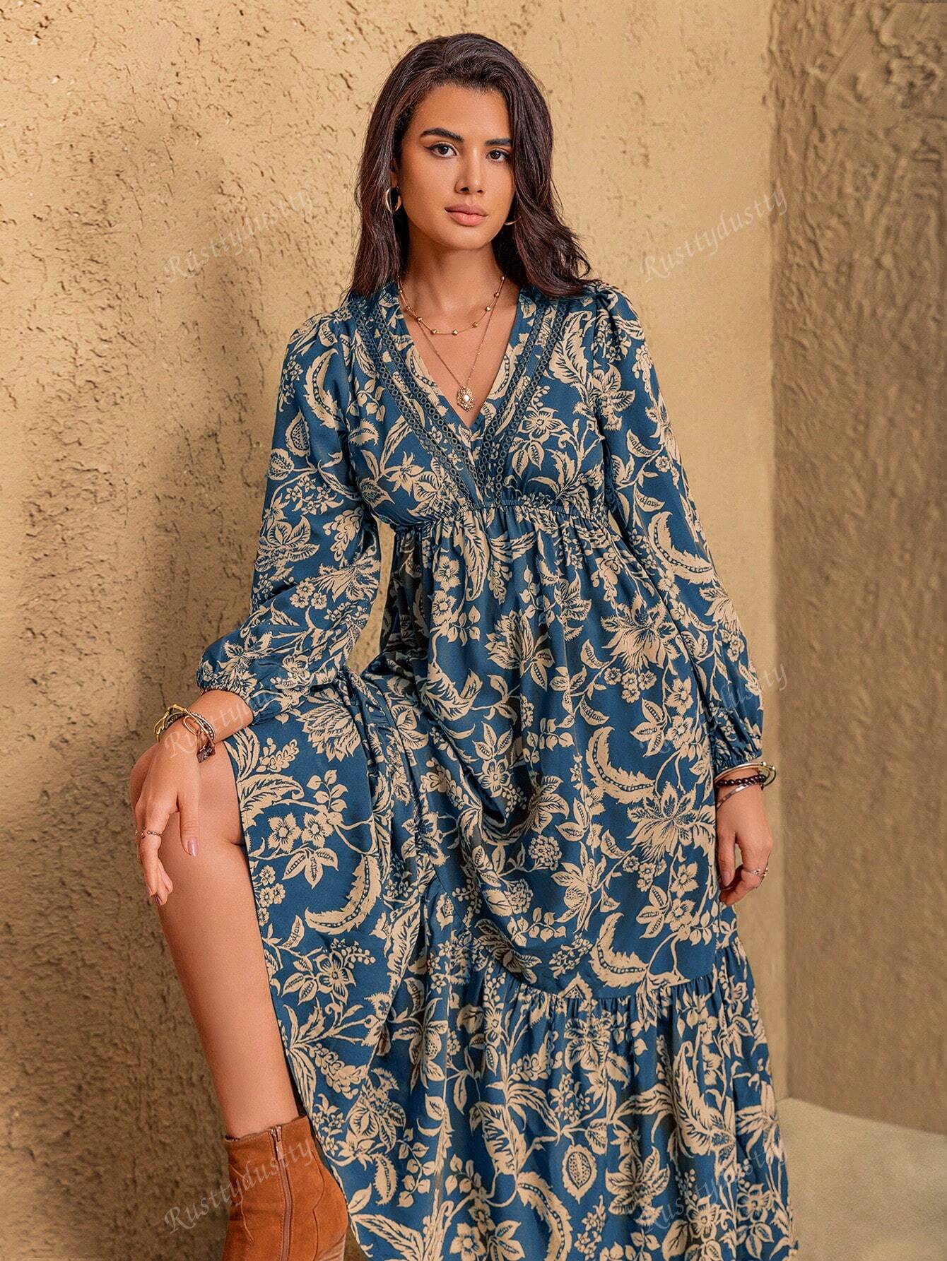 Rusttydustty Vestido Floral Boêmio Feminino com