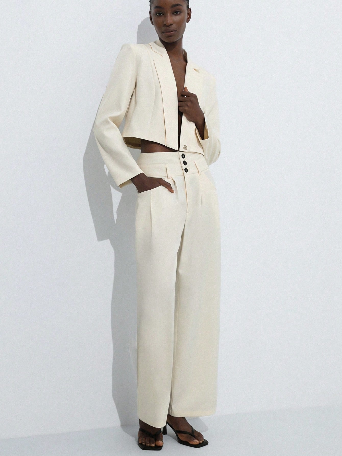 Aveloria Modichic Conjunto de blazer curto e calça solta de escritório casual retrô de toque de chiffon