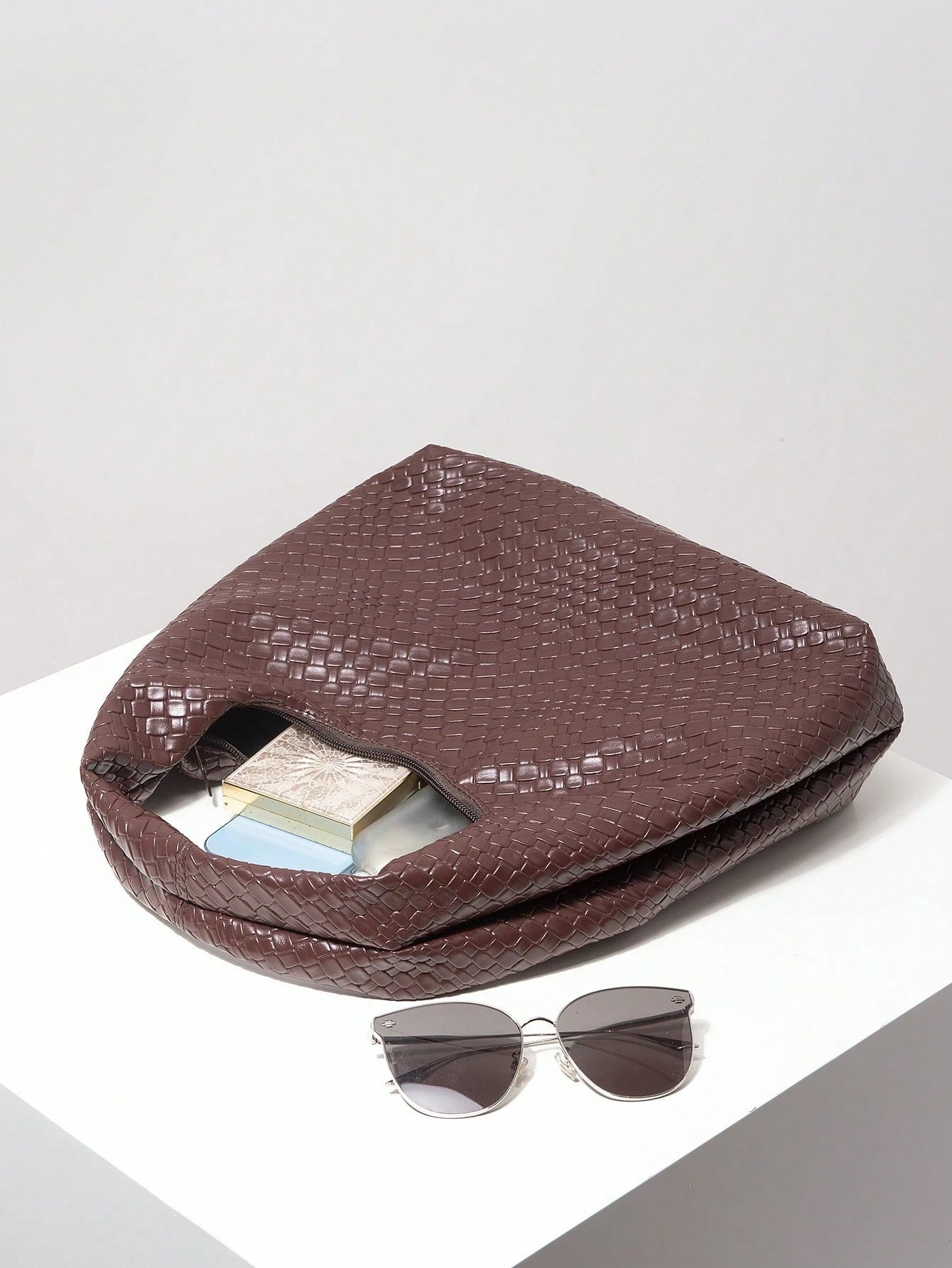 Bolsa de Ombro com Textura Tecida Vintage, Bolsa de Couro PU Macio, Bolsa Tote para Uso Diário, Bolsa em Formato de Lua, Bolsa de Alça com Zíper, Carteira Simples e Versátil para Mulheres (Padrão Aleatório)