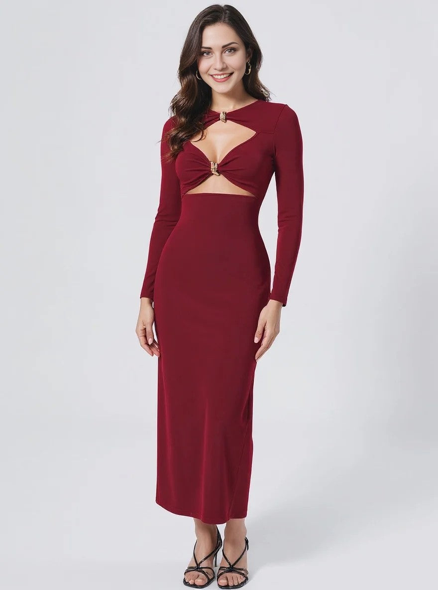 Vestido Longo Elegante de Malha Bodycon com Decoração Metálica para Mulheres, Vestimenta para Festa e Noite, Outono/Inverno