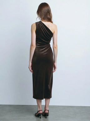 Vestido Bordeaux Midi de Veludo com Alça Única Menta Chic