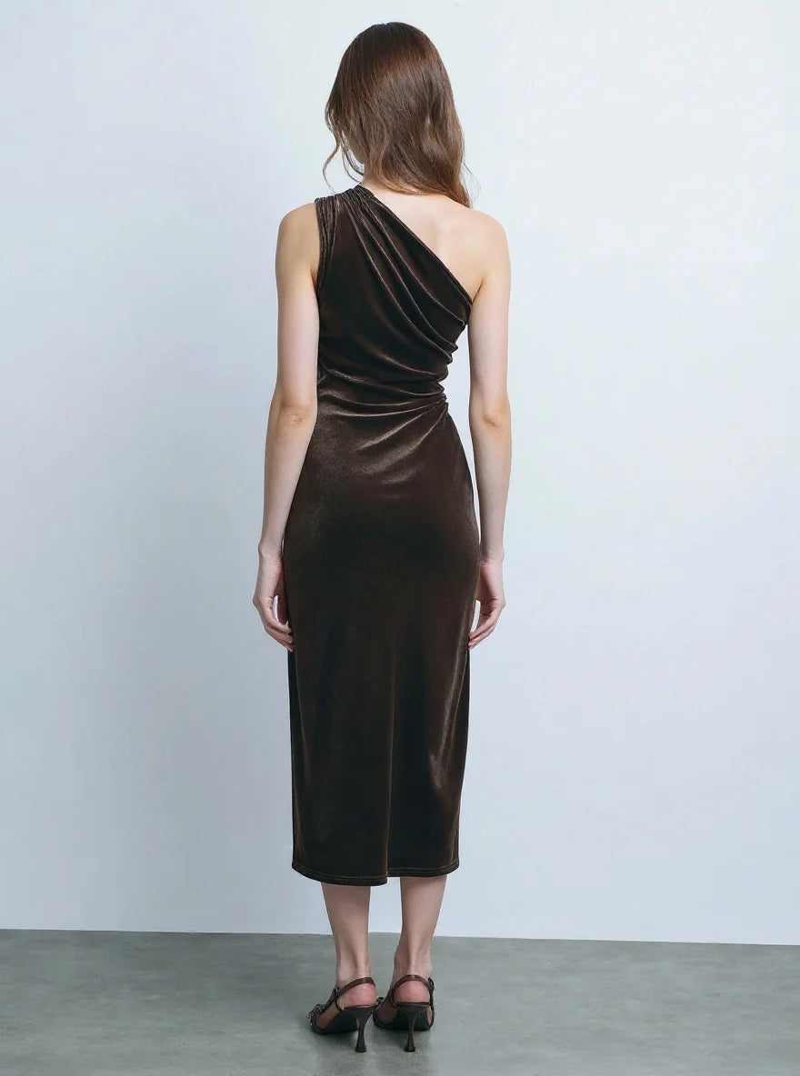 Vestido Bordeaux Midi de Veludo com Alça Única Menta Chic