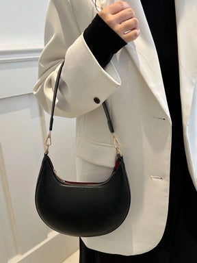1 Peça Bolsa de Ombro em Formato de Meia-Lua de Cor Sólida com Fechamento de Zíper em PU para Mulheres, Estilo Minimalista, Uso Diário, Trabalho, Estilo Retrô Inspirado, Adequada para Mulheres