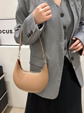 1 Peça Bolsa de Ombro em Formato de Meia-Lua de Cor Sólida com Fechamento de Zíper em PU para Mulheres, Estilo Minimalista, Uso Diário, Trabalho, Estilo Retrô Inspirado, Adequada para Mulheres