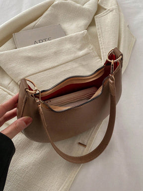 1 Peça Bolsa de Ombro em Formato de Meia-Lua de Cor Sólida com Fechamento de Zíper em PU para Mulheres, Estilo Minimalista, Uso Diário, Trabalho, Estilo Retrô Inspirado, Adequada para Mulheres