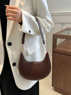 1 Peça Bolsa de Ombro em Formato de Meia-Lua de Cor Sólida com Fechamento de Zíper em PU para Mulheres, Estilo Minimalista, Uso Diário, Trabalho, Estilo Retrô Inspirado, Adequada para Mulheres