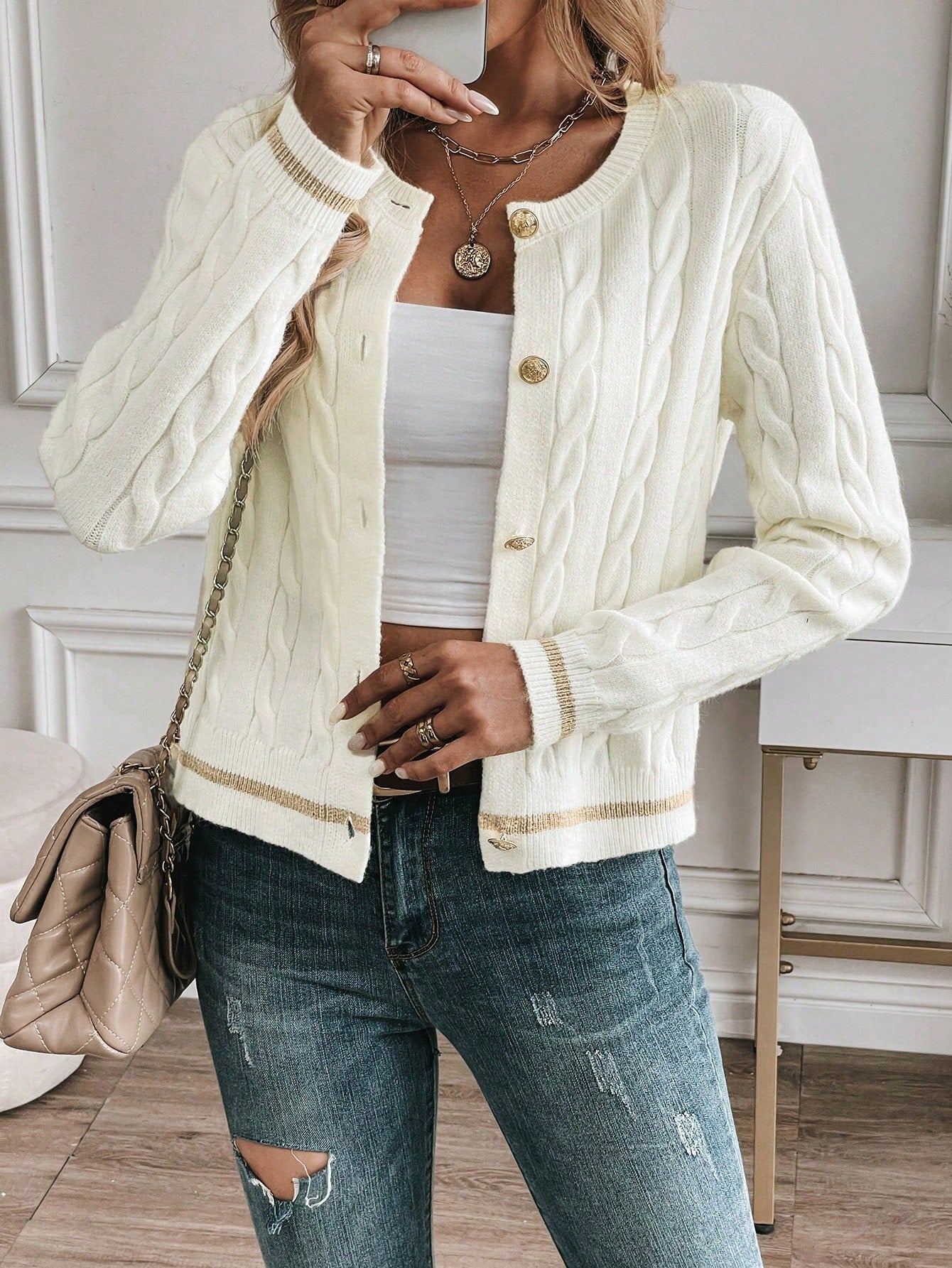 EMERY ROSE Cardigan Casual Versátil Feminino com Listras Colorblock