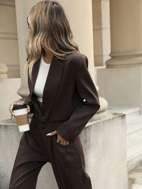 Aveloria Modichic Conjunto de blazer curto e calça solta de escritório casual retrô de toque de chiffon