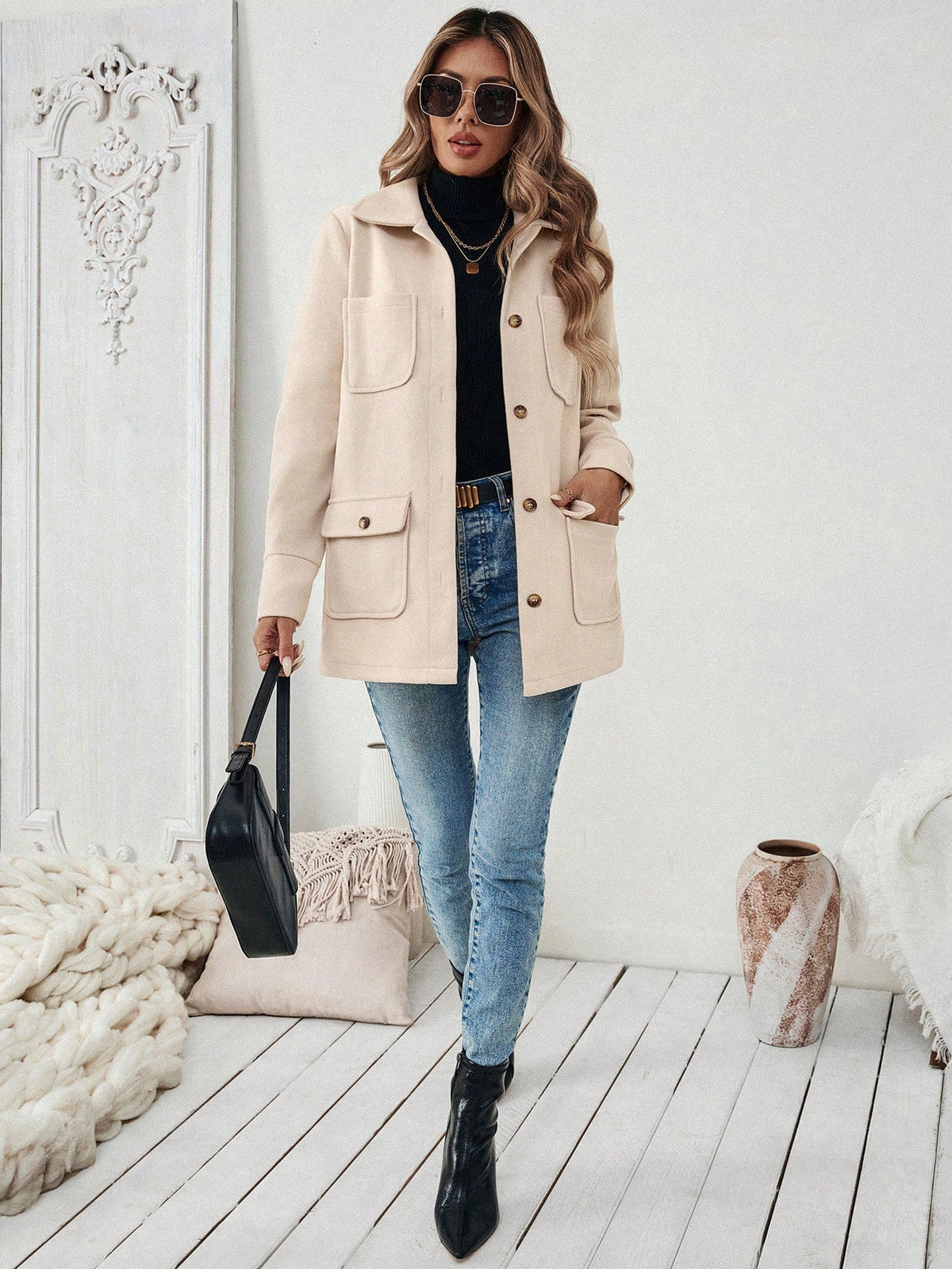 SHEIN LUNE Jaqueta Minimalista de Bolso com Botões na Frente e Manga Longa para Mulheres, Uso Casual do Dia a Dia