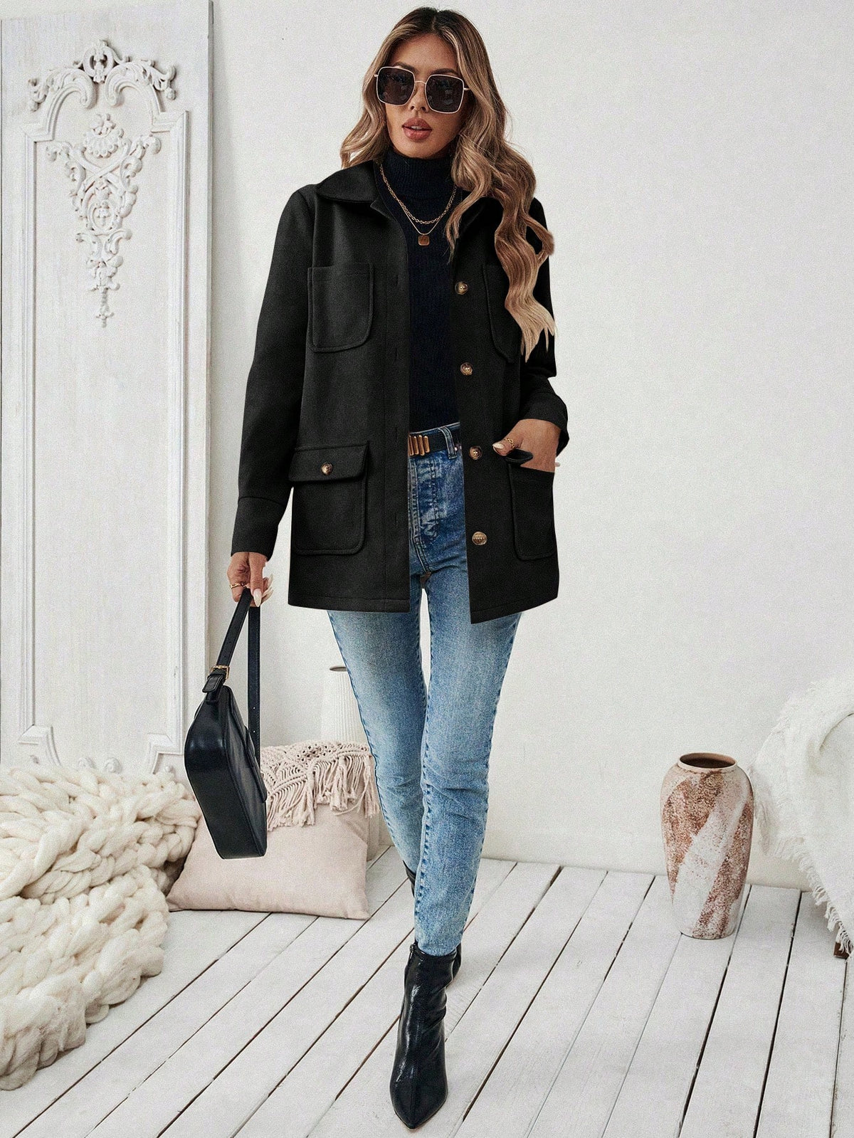 SHEIN LUNE Jaqueta Minimalista de Bolso com Botões na Frente e Manga Longa para Mulheres, Uso Casual do Dia a Dia