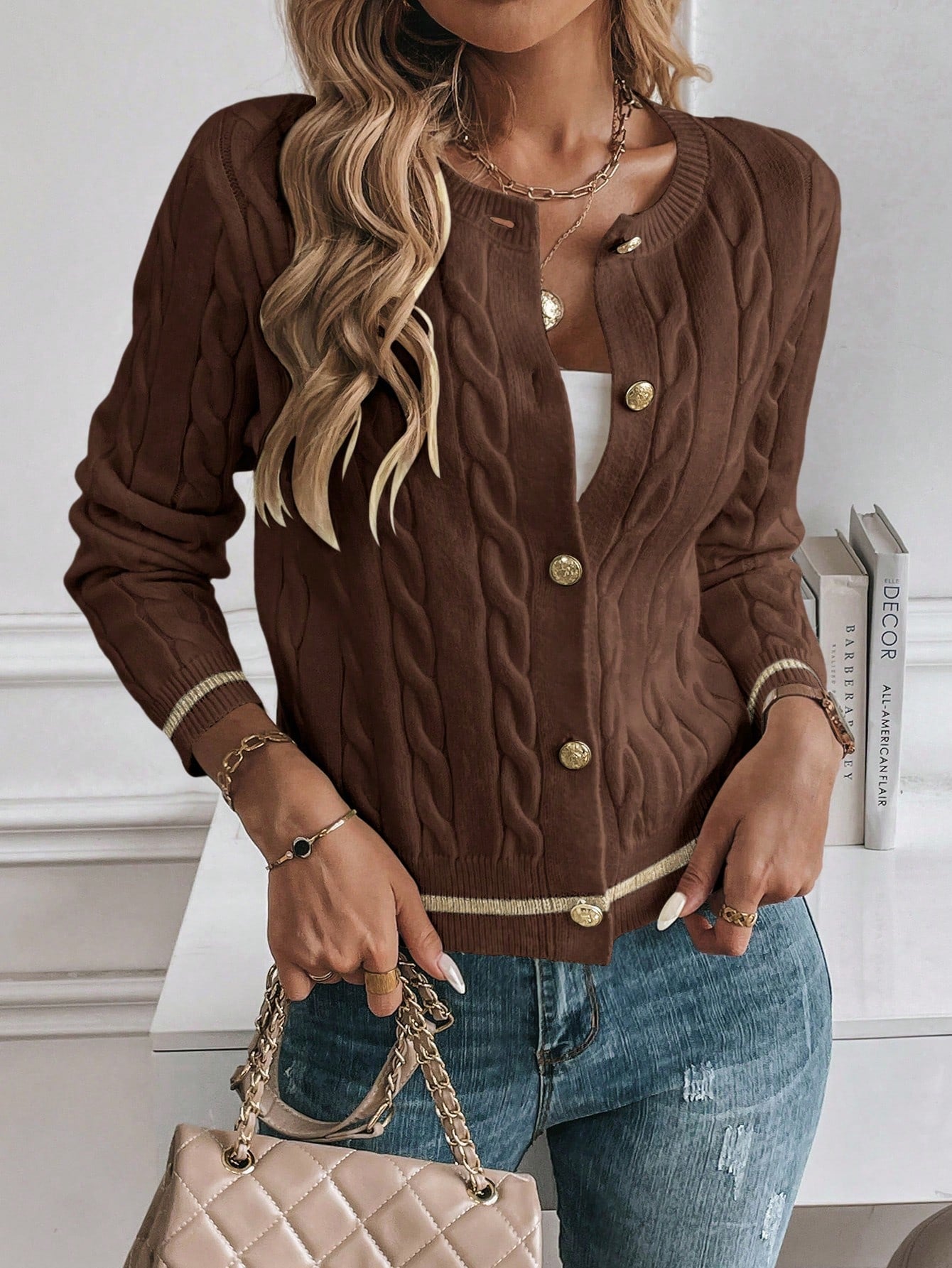 EMERY ROSE Cardigan Casual Versátil Feminino com Listras Colorblock