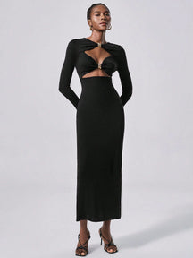 Lumivelle Vestido Longo Elegante de Malha Bodycon com Decoração Metálica para Mulheres, Vestimenta para Festa e Noite, Outono/Inverno