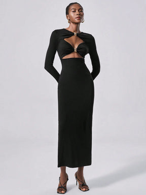 Lumivelle Vestido Longo Elegante de Malha Bodycon com Decoração Metálica para Mulheres, Vestimenta para Festa e Noite, Outono/Inverno