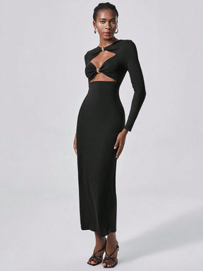 Lumivelle Vestido Longo Elegante de Malha Bodycon com Decoração Metálica para Mulheres, Vestimenta para Festa e Noite, Outono/Inverno