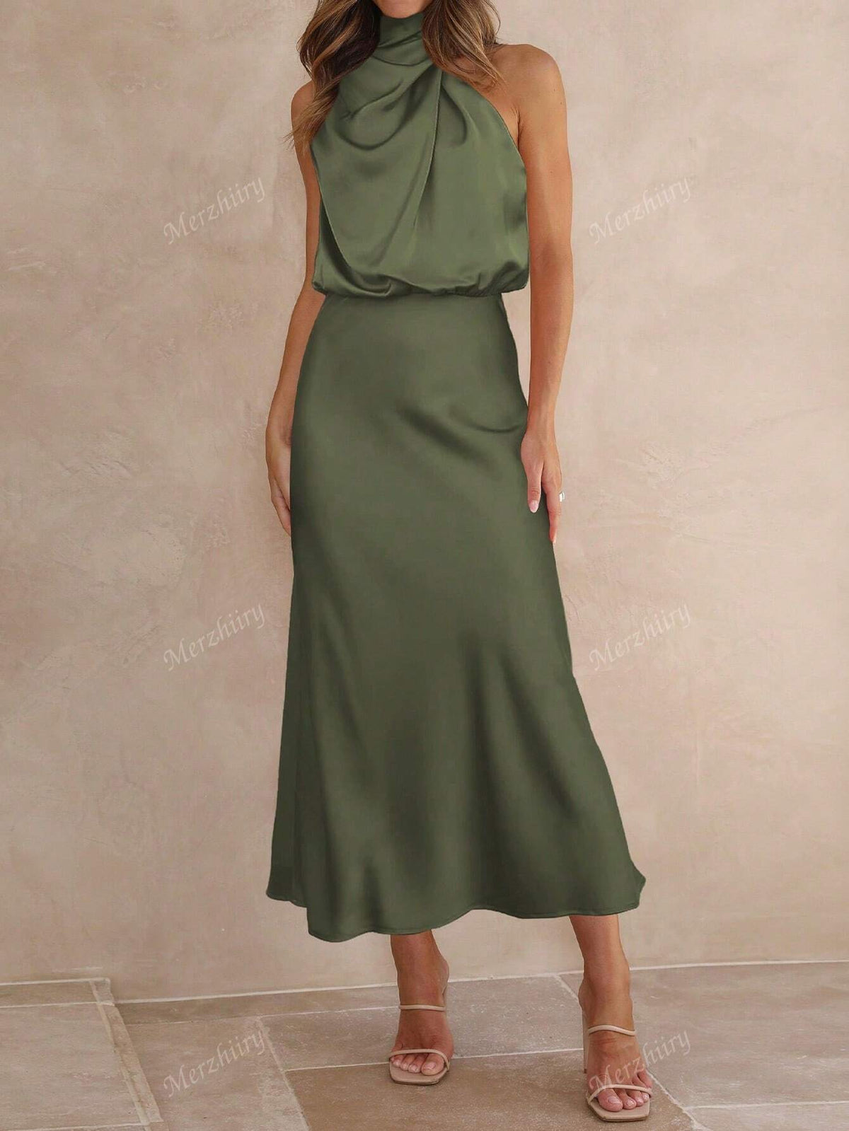 Sólido Gola Assimétrica Cetim Vestido