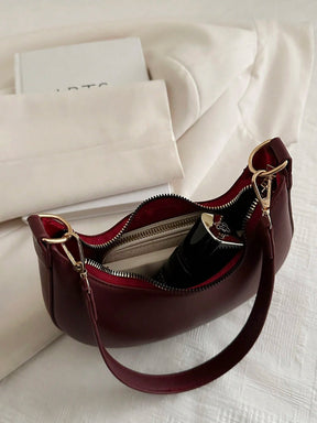 1 Peça Bolsa de Ombro em Formato de Meia-Lua de Cor Sólida com Fechamento de Zíper em PU para Mulheres, Estilo Minimalista, Uso Diário, Trabalho, Estilo Retrô Inspirado, Adequada para Mulheres