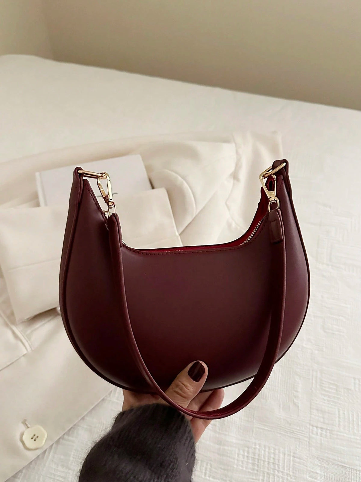 1 Peça Bolsa de Ombro em Formato de Meia-Lua de Cor Sólida com Fechamento de Zíper em PU para Mulheres, Estilo Minimalista, Uso Diário, Trabalho, Estilo Retrô Inspirado, Adequada para Mulheres