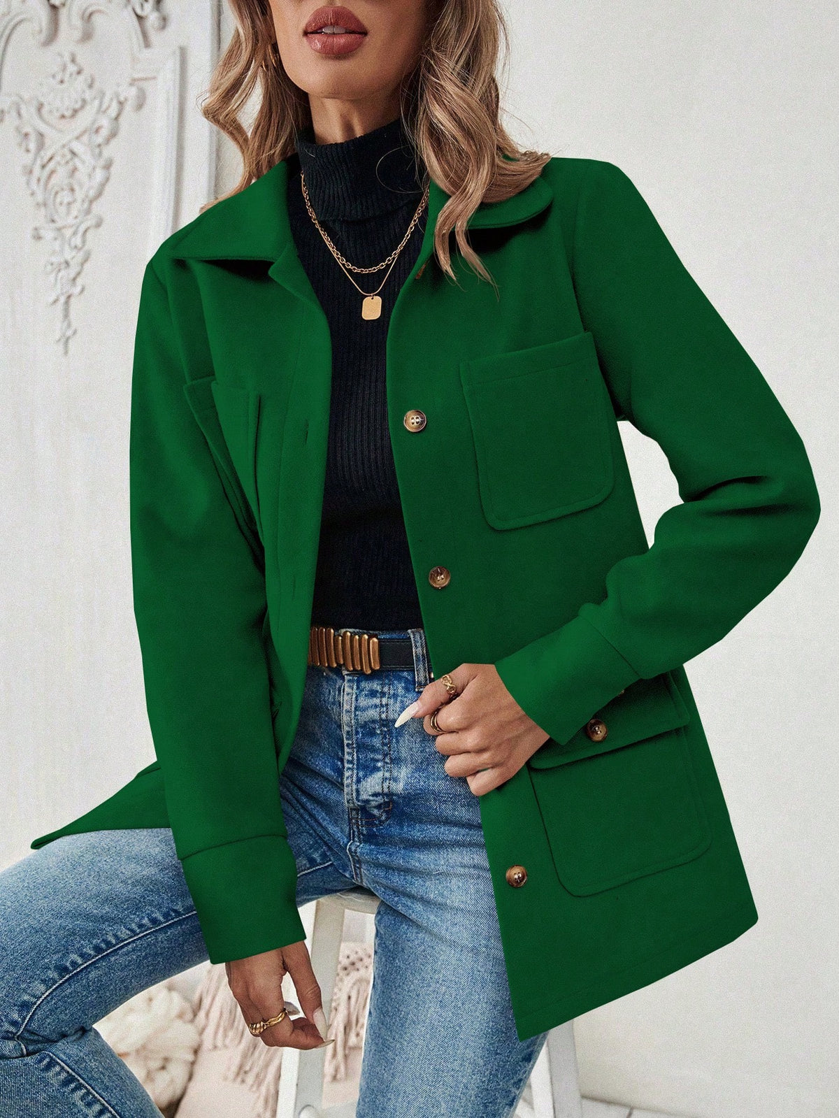 SHEIN LUNE Jaqueta Minimalista de Bolso com Botões na Frente e Manga Longa para Mulheres, Uso Casual do Dia a Dia