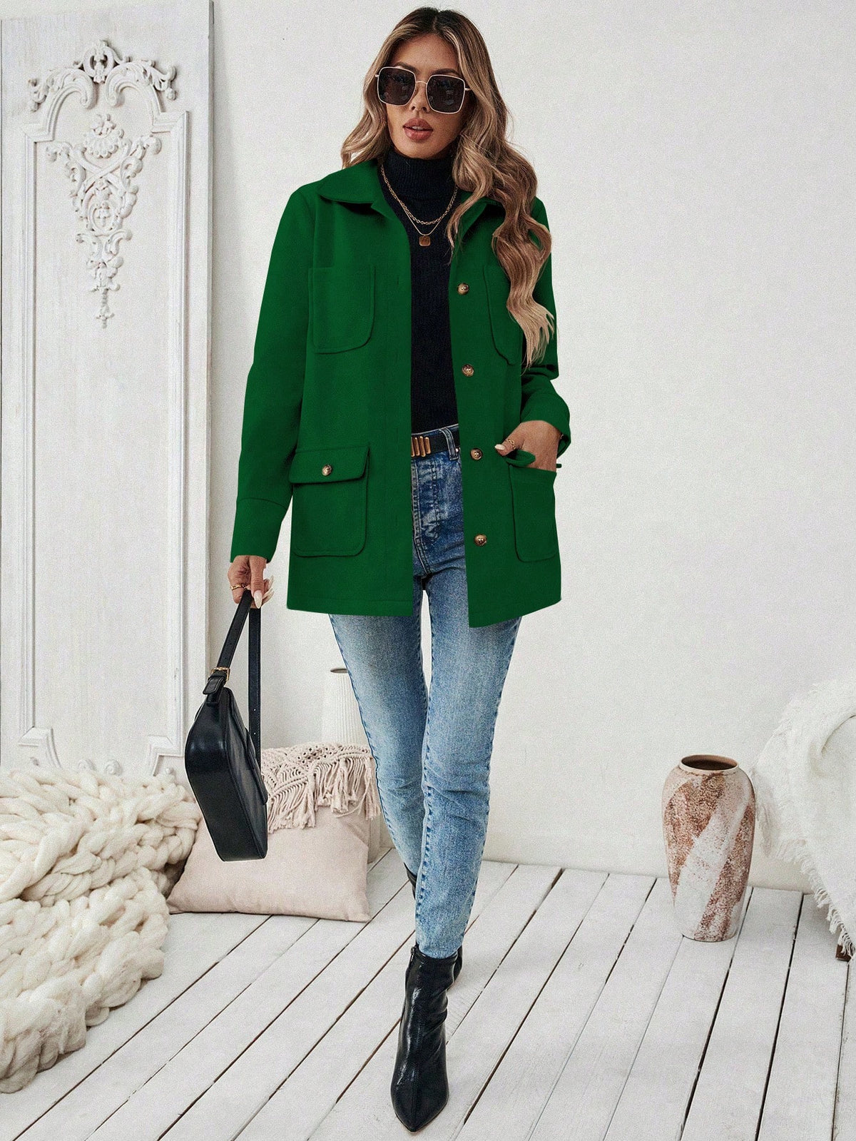 SHEIN LUNE Jaqueta Minimalista de Bolso com Botões na Frente e Manga Longa para Mulheres, Uso Casual do Dia a Dia