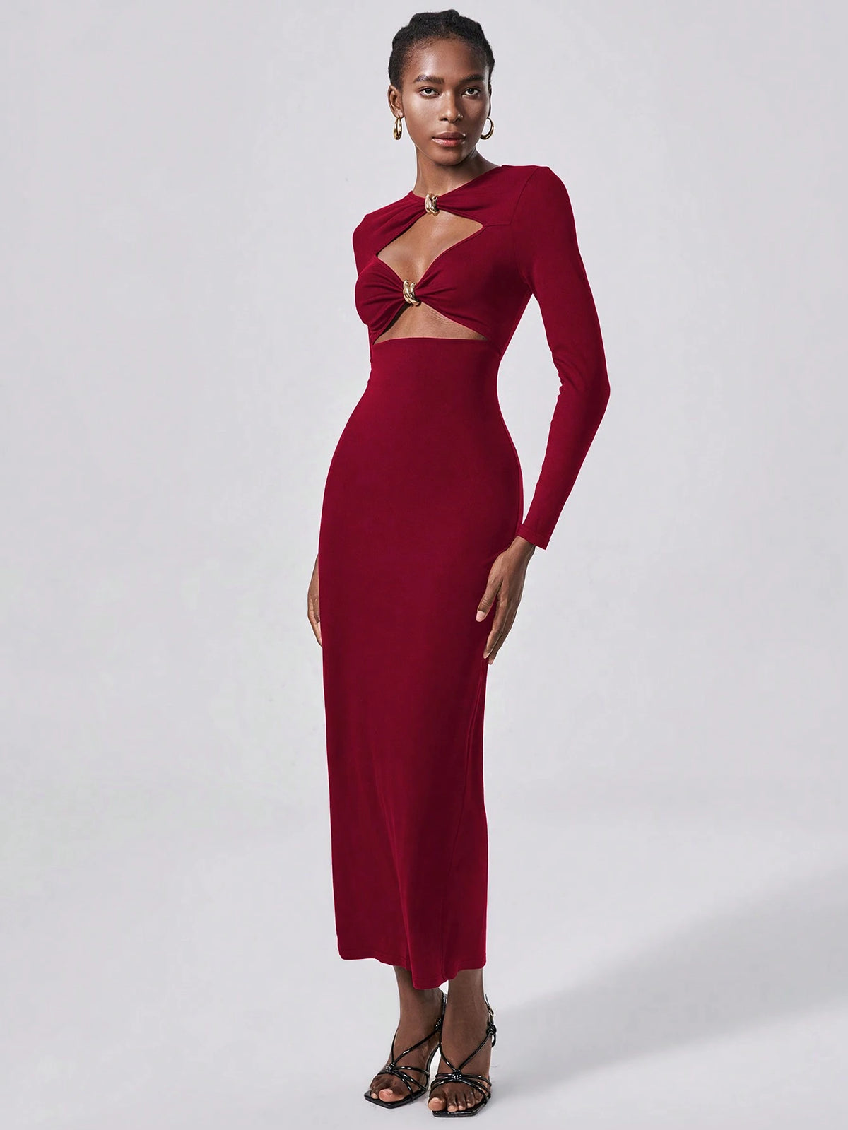 Lumivelle Vestido Longo Elegante de Malha Bodycon com Decoração Metálica para Mulheres, Vestimenta para Festa e Noite, Outono/Inverno