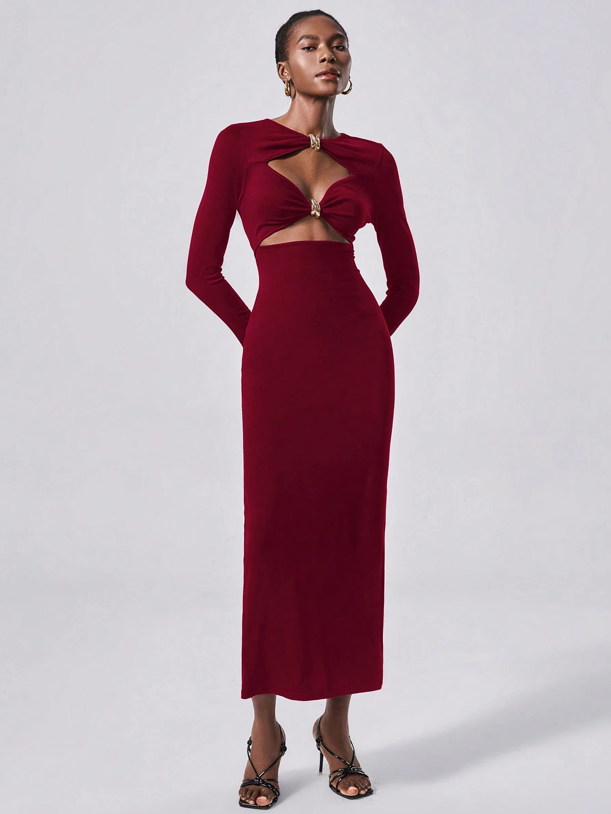 Lumivelle Vestido Longo Elegante de Malha Bodycon com Decoração Metálica para Mulheres, Vestimenta para Festa e Noite, Outono/Inverno