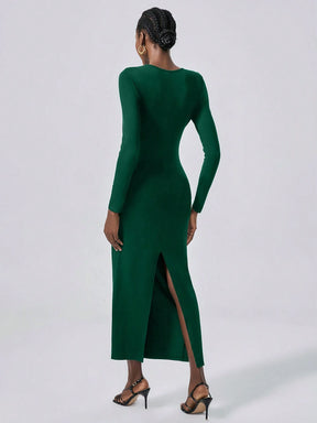 Lumivelle Vestido Longo Elegante de Malha Bodycon com Decoração Metálica para Mulheres, Vestimenta para Festa e Noite, Outono/Inverno
