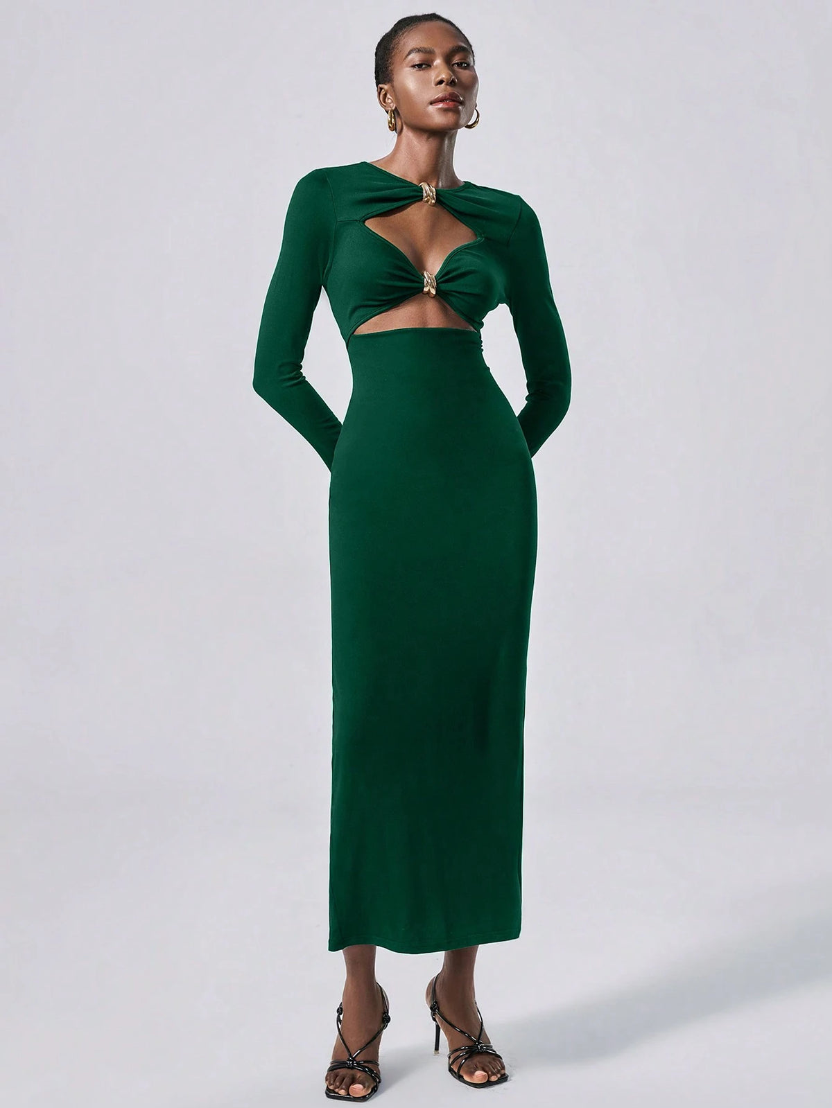 Lumivelle Vestido Longo Elegante de Malha Bodycon com Decoração Metálica para Mulheres, Vestimenta para Festa e Noite, Outono/Inverno