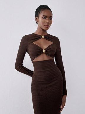 Lumivelle Vestido Longo Elegante de Malha Bodycon com Decoração Metálica para Mulheres, Vestimenta para Festa e Noite, Outono/Inverno
