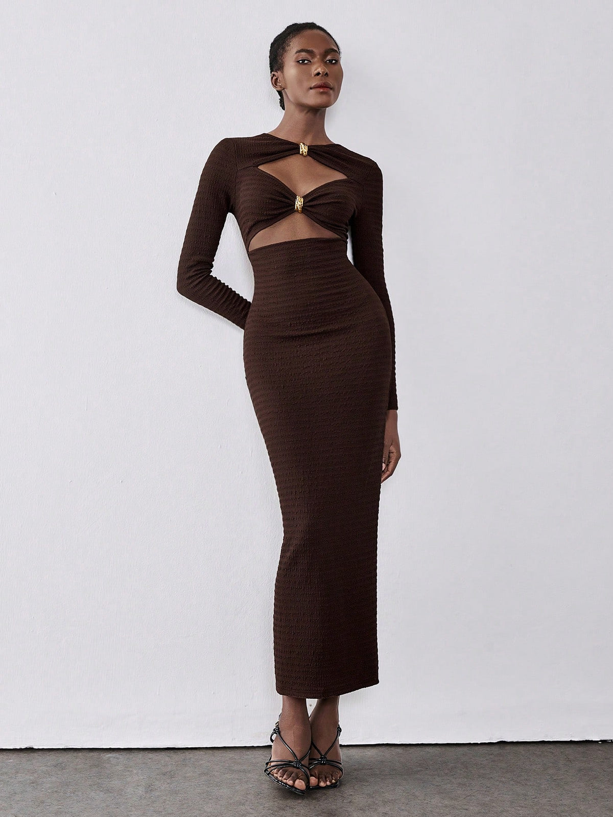 Lumivelle Vestido Longo Elegante de Malha Bodycon com Decoração Metálica para Mulheres, Vestimenta para Festa e Noite, Outono/Inverno