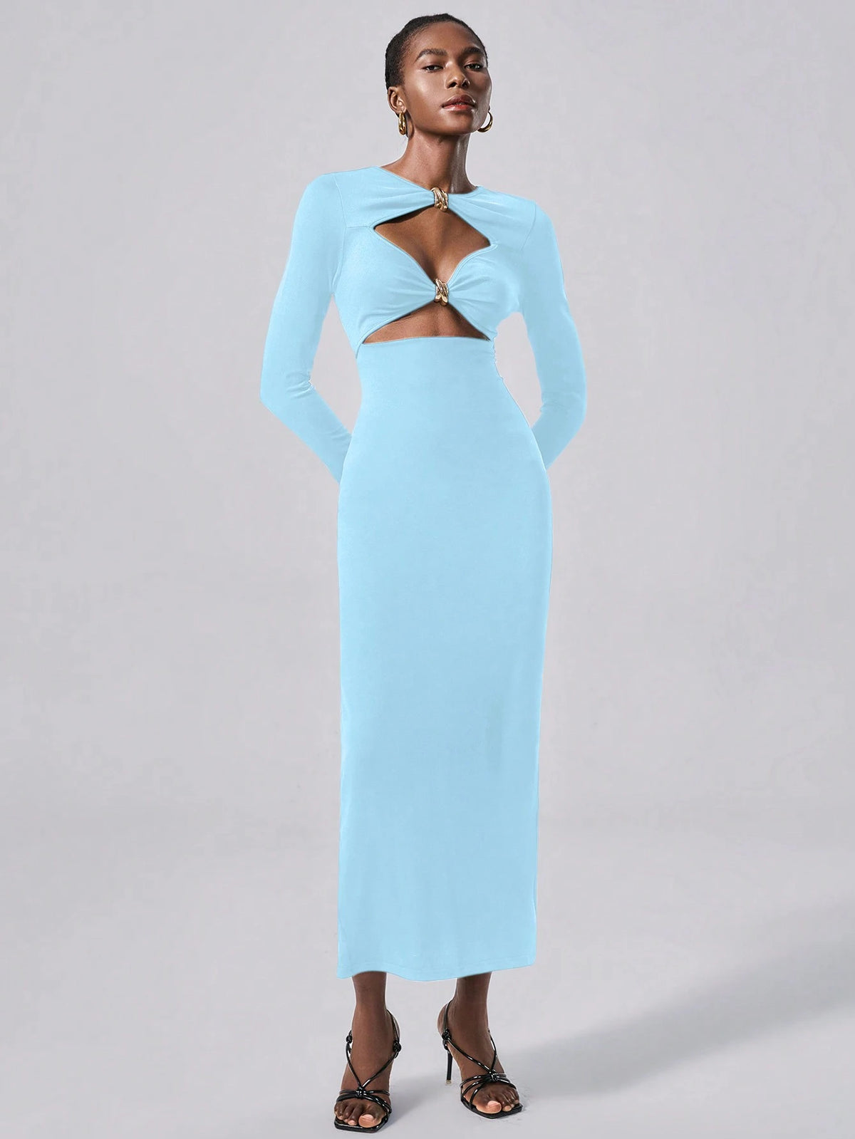 Lumivelle Vestido Longo Elegante de Malha Bodycon com Decoração Metálica para Mulheres, Vestimenta para Festa e Noite, Outono/Inverno
